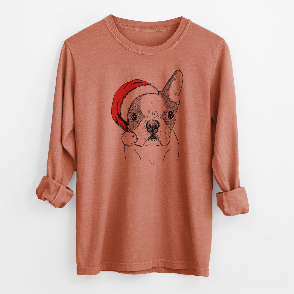 Santa Chocolate Chip the Boston Terrier - Men's Heavyweight 100% Cotton Long Sleeve