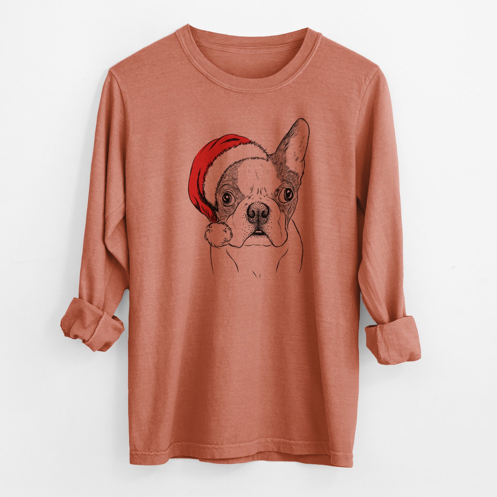 Santa Chocolate Chip the Boston Terrier - Men's Heavyweight 100% Cotton Long Sleeve