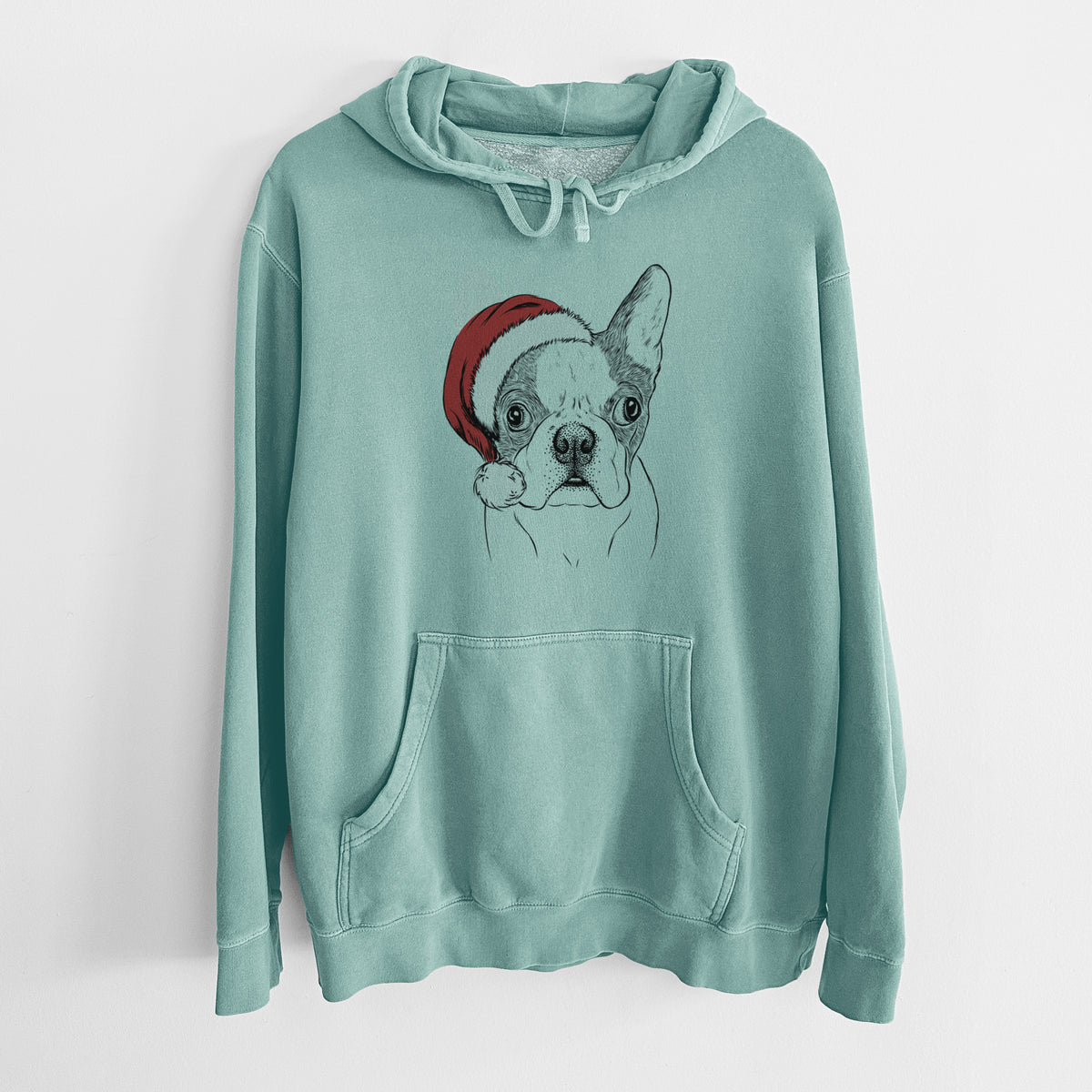 Santa Hat Chocolate Chip the Boston Terrier - Unisex Pigment Dyed Hoodie