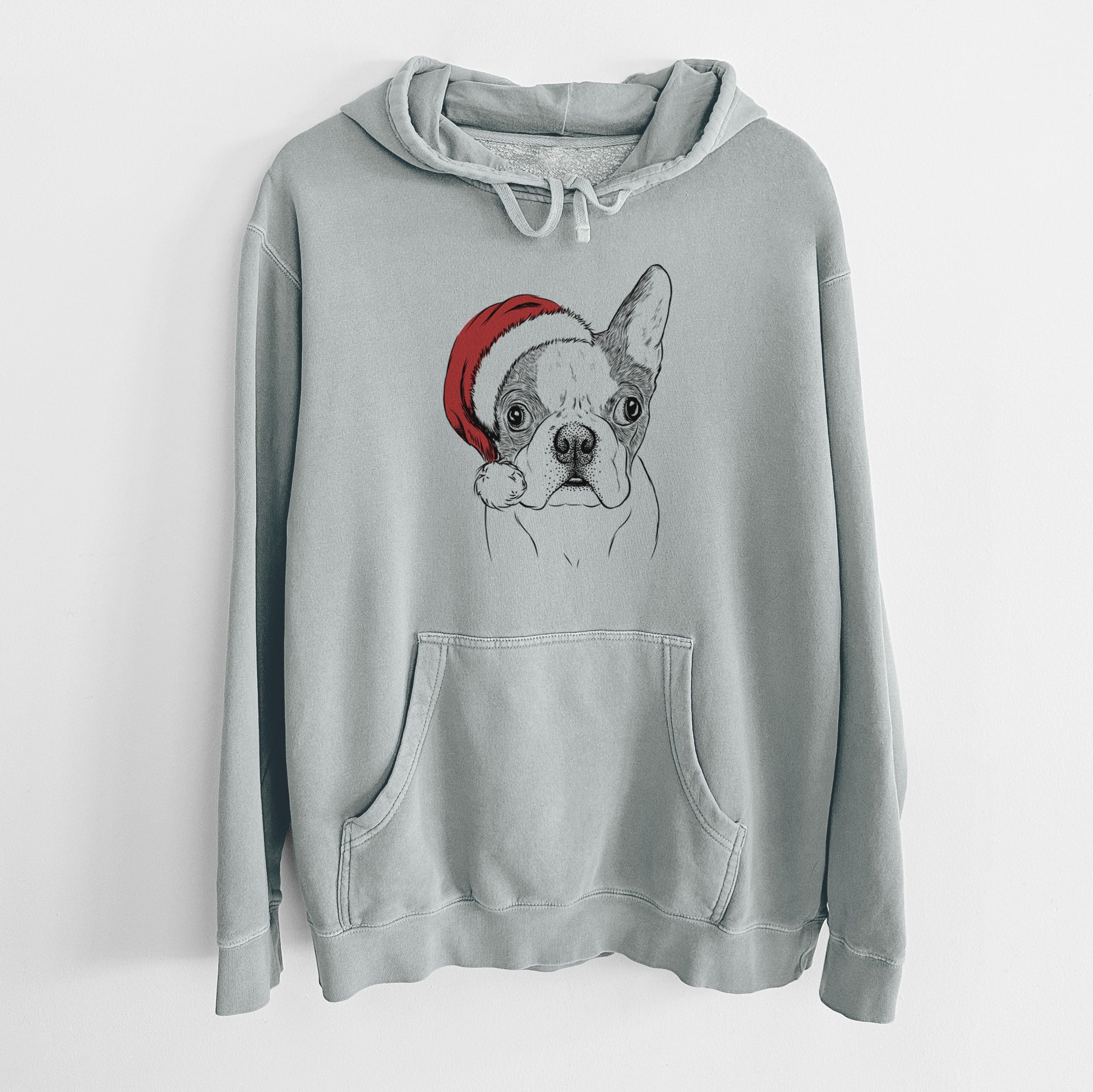 Santa Hat Chocolate Chip the Boston Terrier - Unisex Pigment Dyed Hoodie