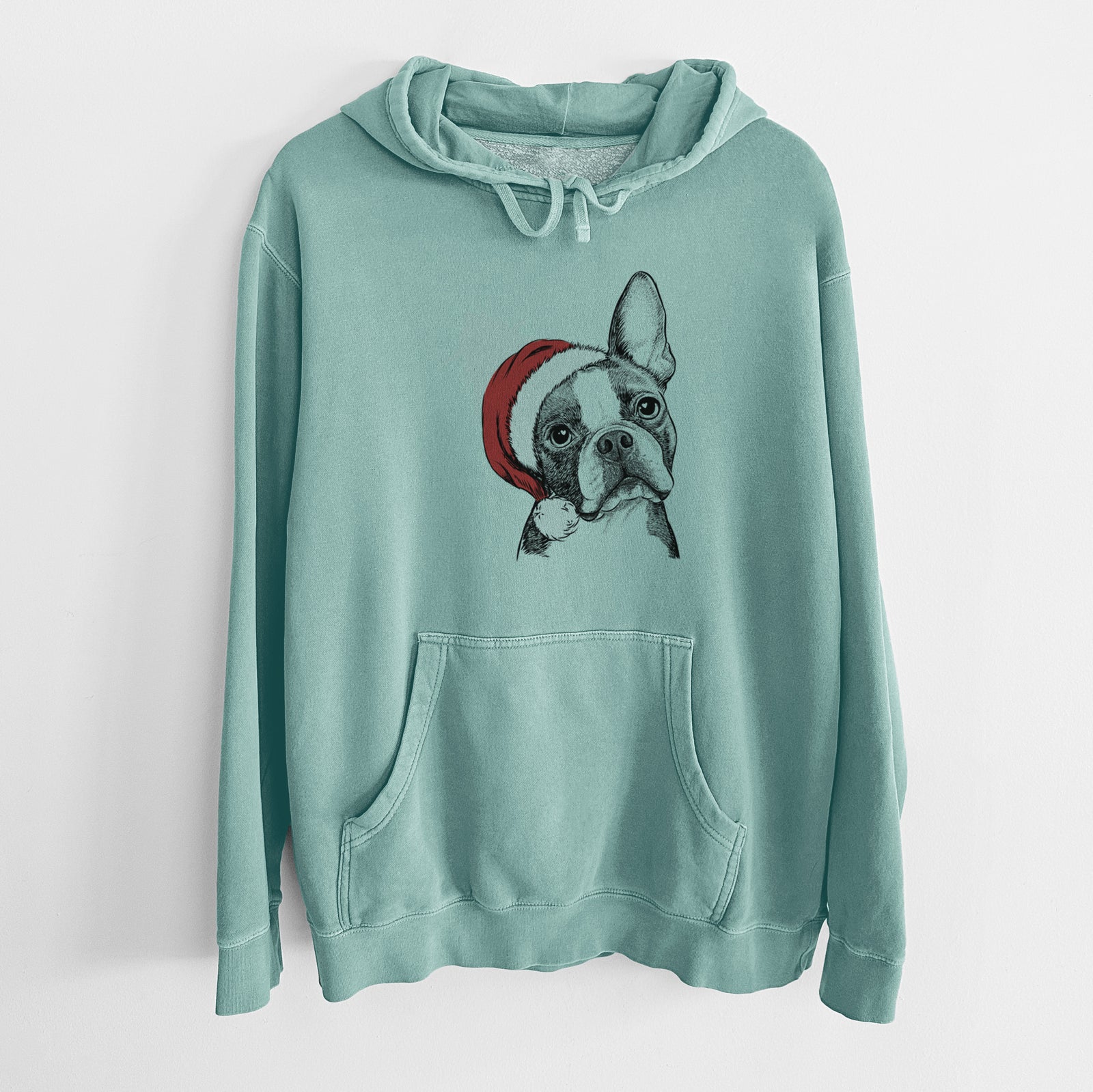 Santa Hat Dee Dee the Boston Terrier - Unisex Pigment Dyed Hoodie