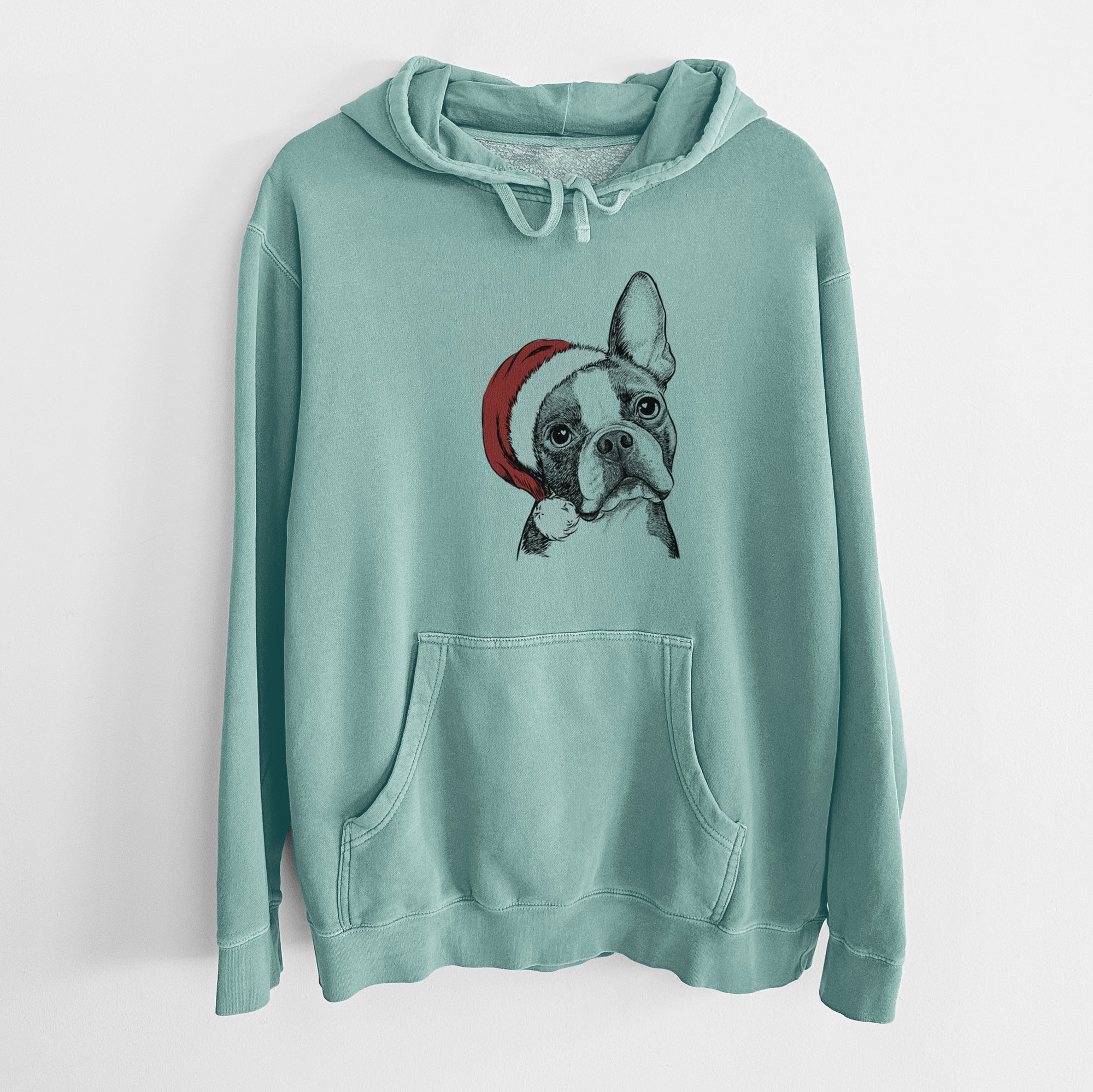 Santa Hat Dee Dee the Boston Terrier - Unisex Pigment Dyed Hoodie