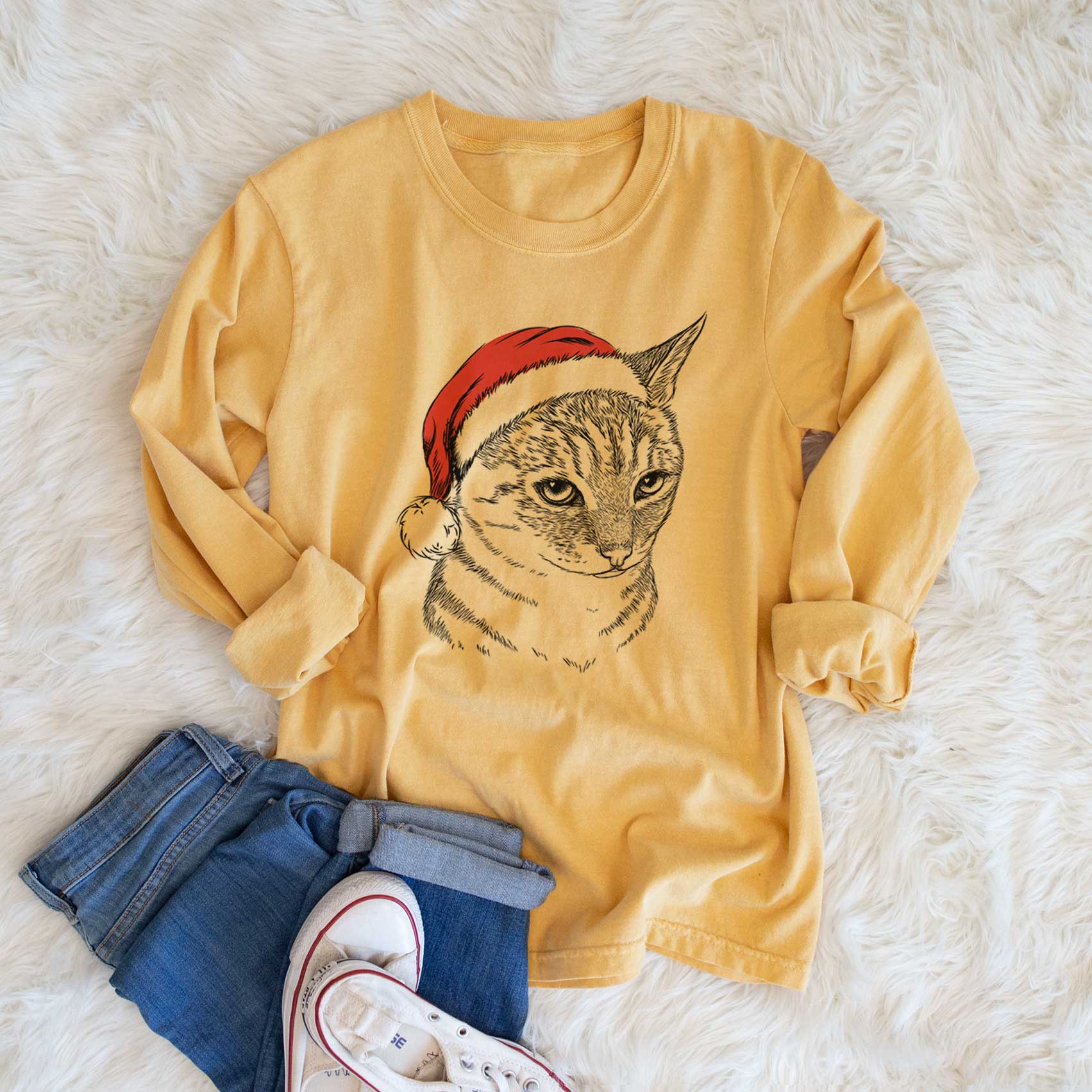 Santa Dora the Tabby Cat - Men's Heavyweight 100% Cotton Long Sleeve