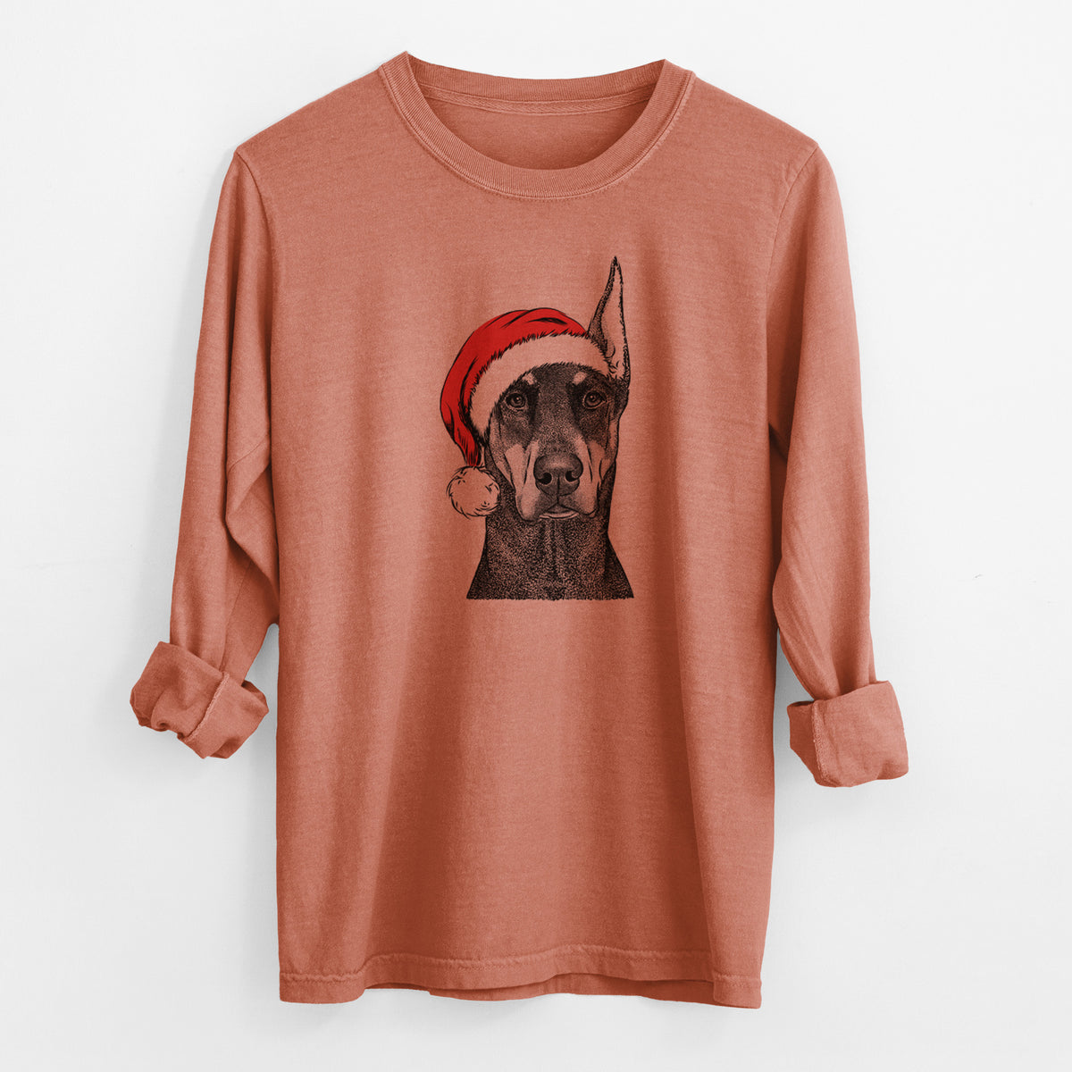 Santa Drake the Doberman Pinscher - Men's Heavyweight 100% Cotton Long Sleeve