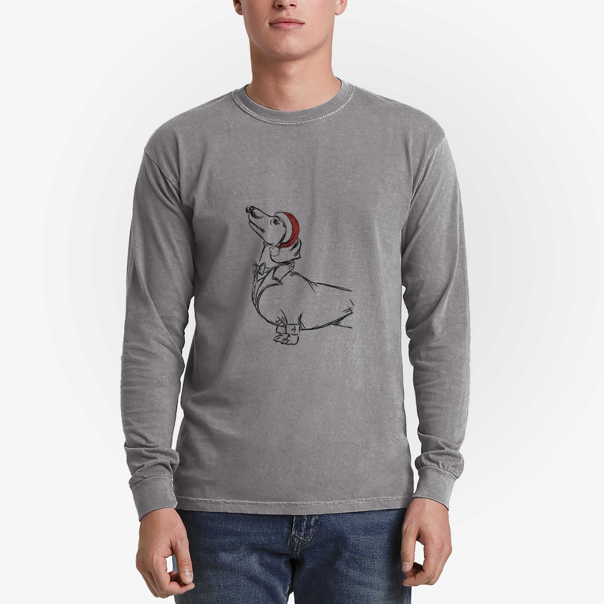 Santa George the Dachshund - Men's Heavyweight 100% Cotton Long Sleeve