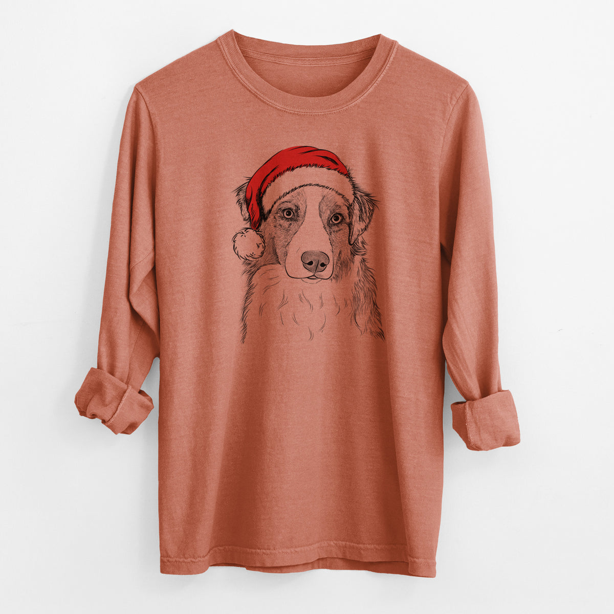 Santa Ginger the Australian Shepherd - Men's Heavyweight 100% Cotton Long Sleeve