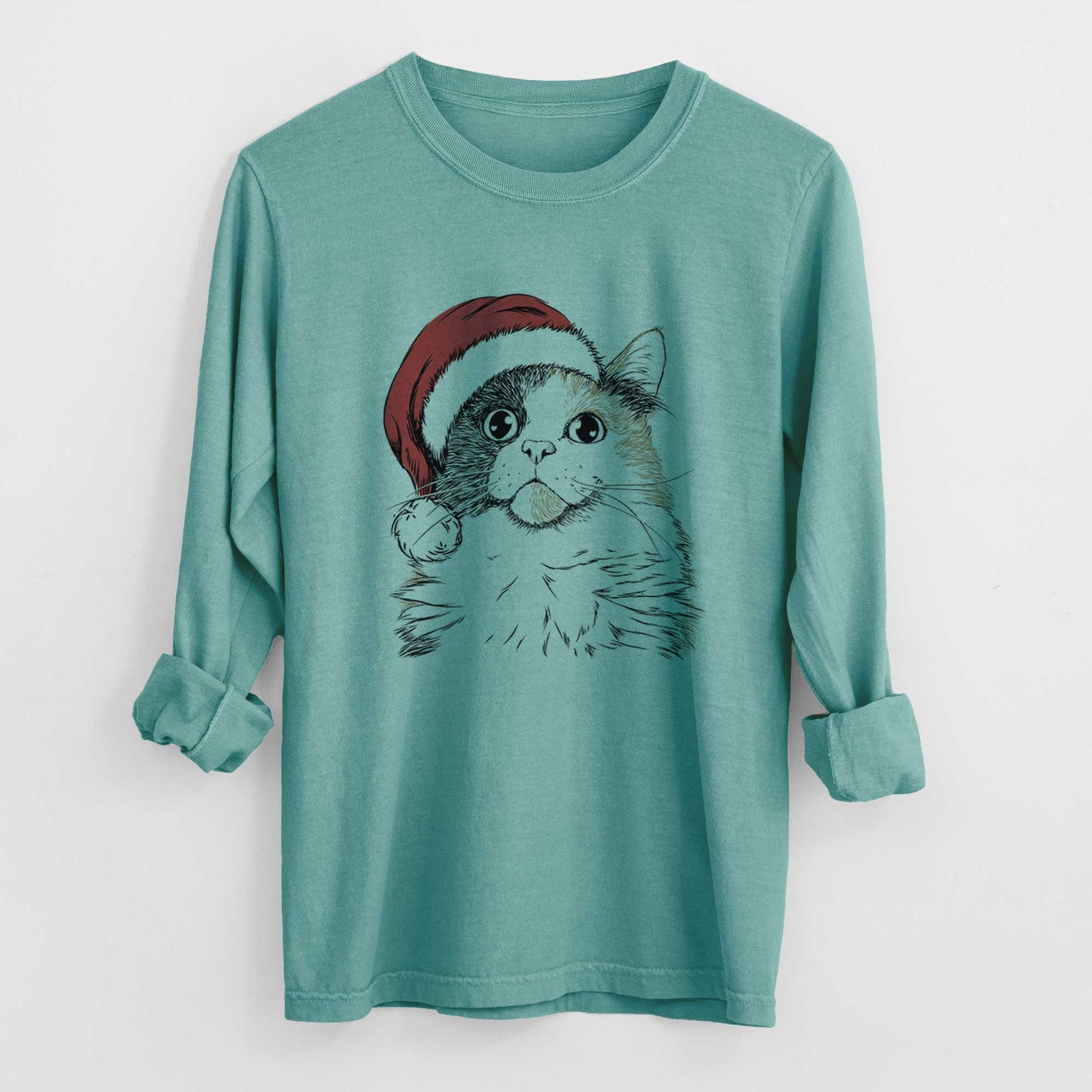 Santa Greta the Calico Cat - Men's Heavyweight 100% Cotton Long Sleeve