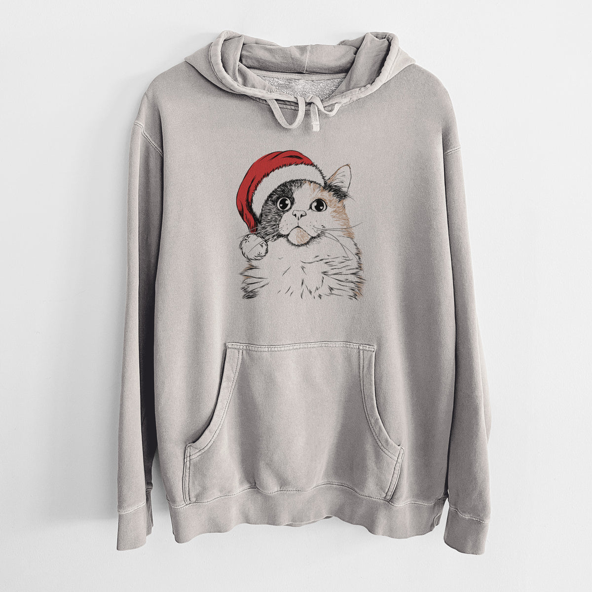 Santa Hat Greta the Calico Cat - Unisex Pigment Dyed Hoodie