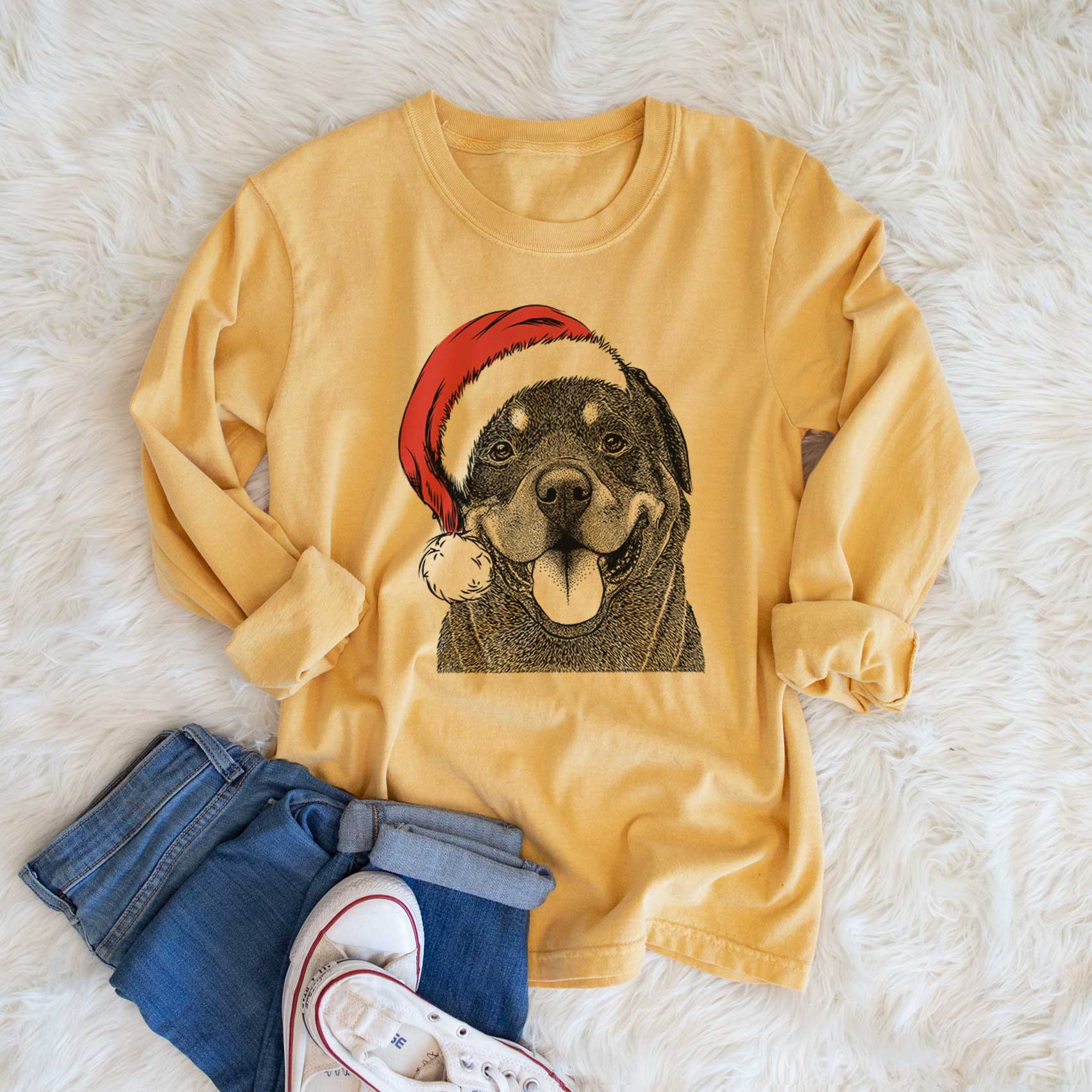 Santa Hagan the Rottweiler - Men's Heavyweight 100% Cotton Long Sleeve