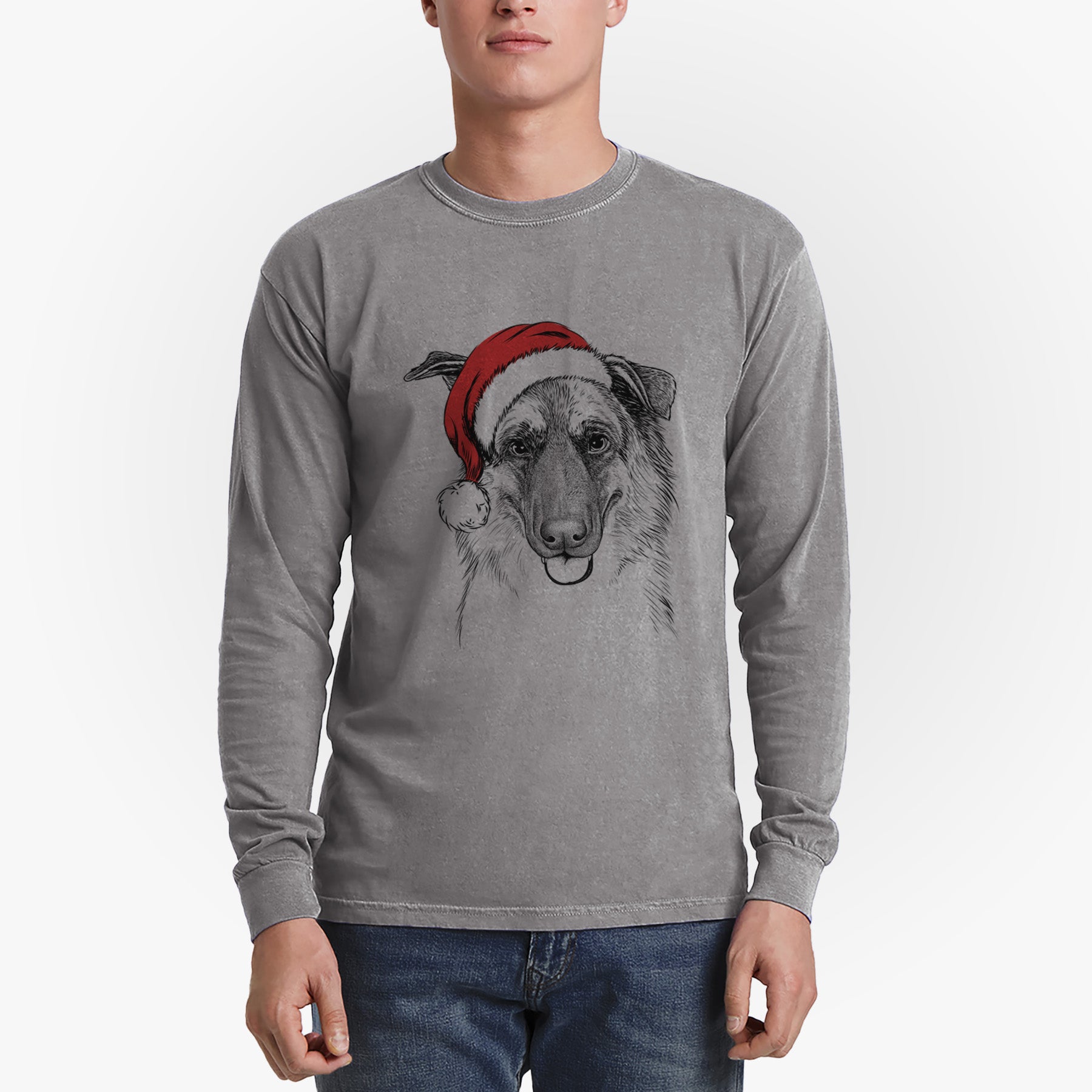 Santa Henry the German Shepherd - Men's Heavyweight 100% Cotton Long Sleeve