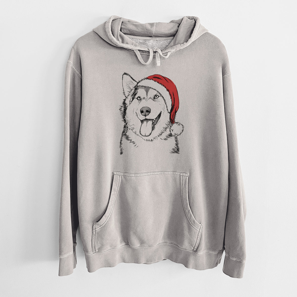 Santa Hat Kaskae the Alaskan Malamute - Unisex Pigment Dyed Hoodie