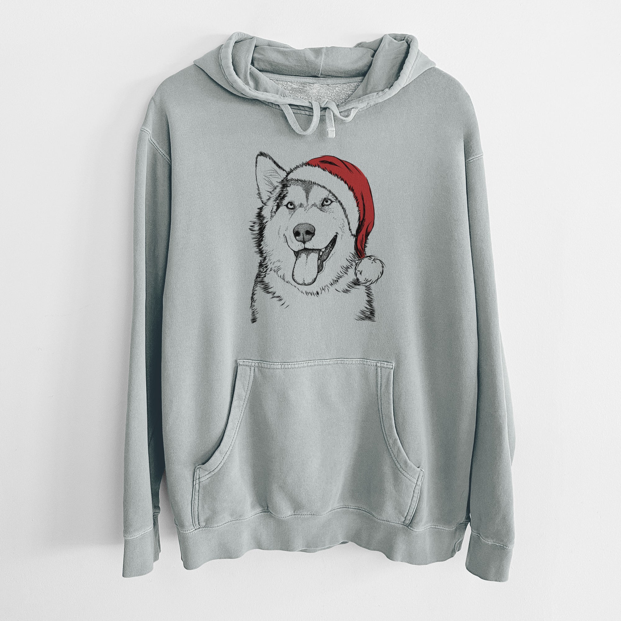 Santa Hat Kaskae the Alaskan Malamute - Unisex Pigment Dyed Hoodie