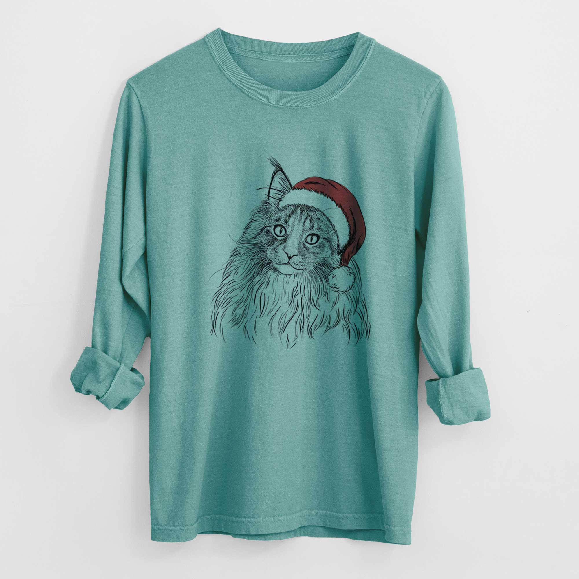 Santa Kiki the Maine Coon Cat - Men's Heavyweight 100% Cotton Long Sleeve