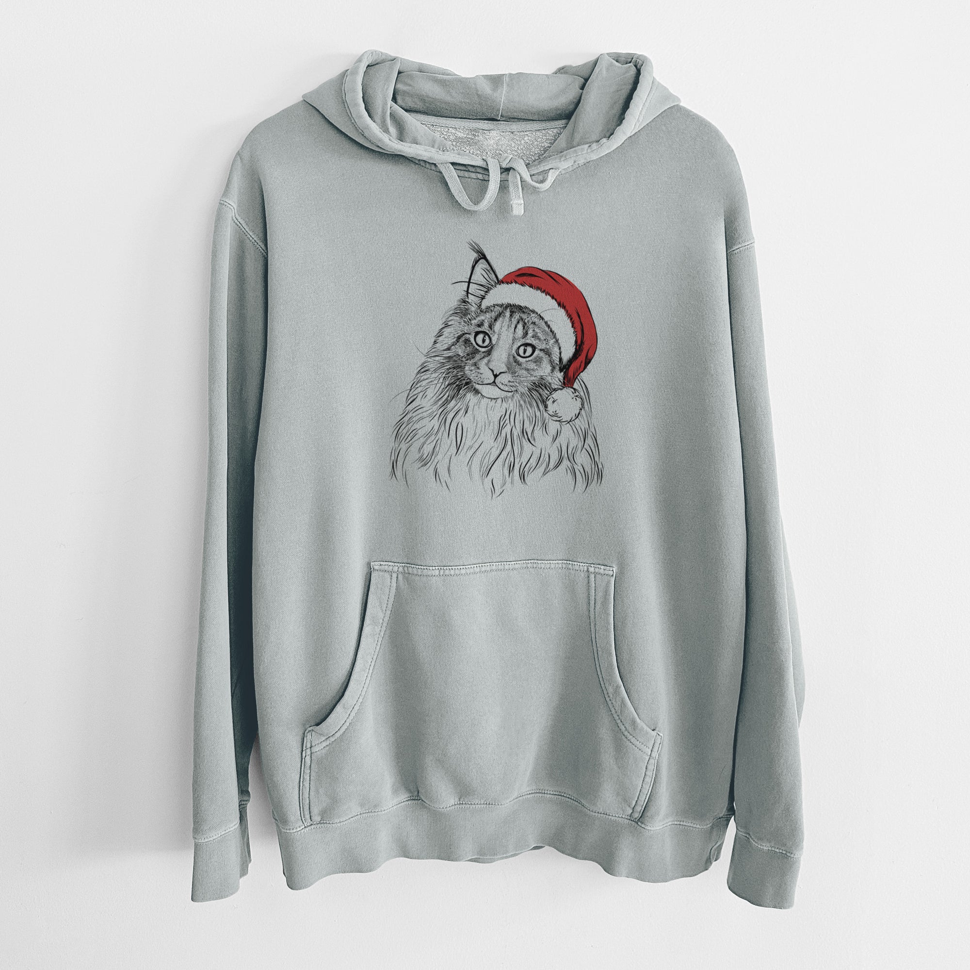 Santa Hat Kiki the Maine Coon Cat - Unisex Pigment Dyed Hoodie