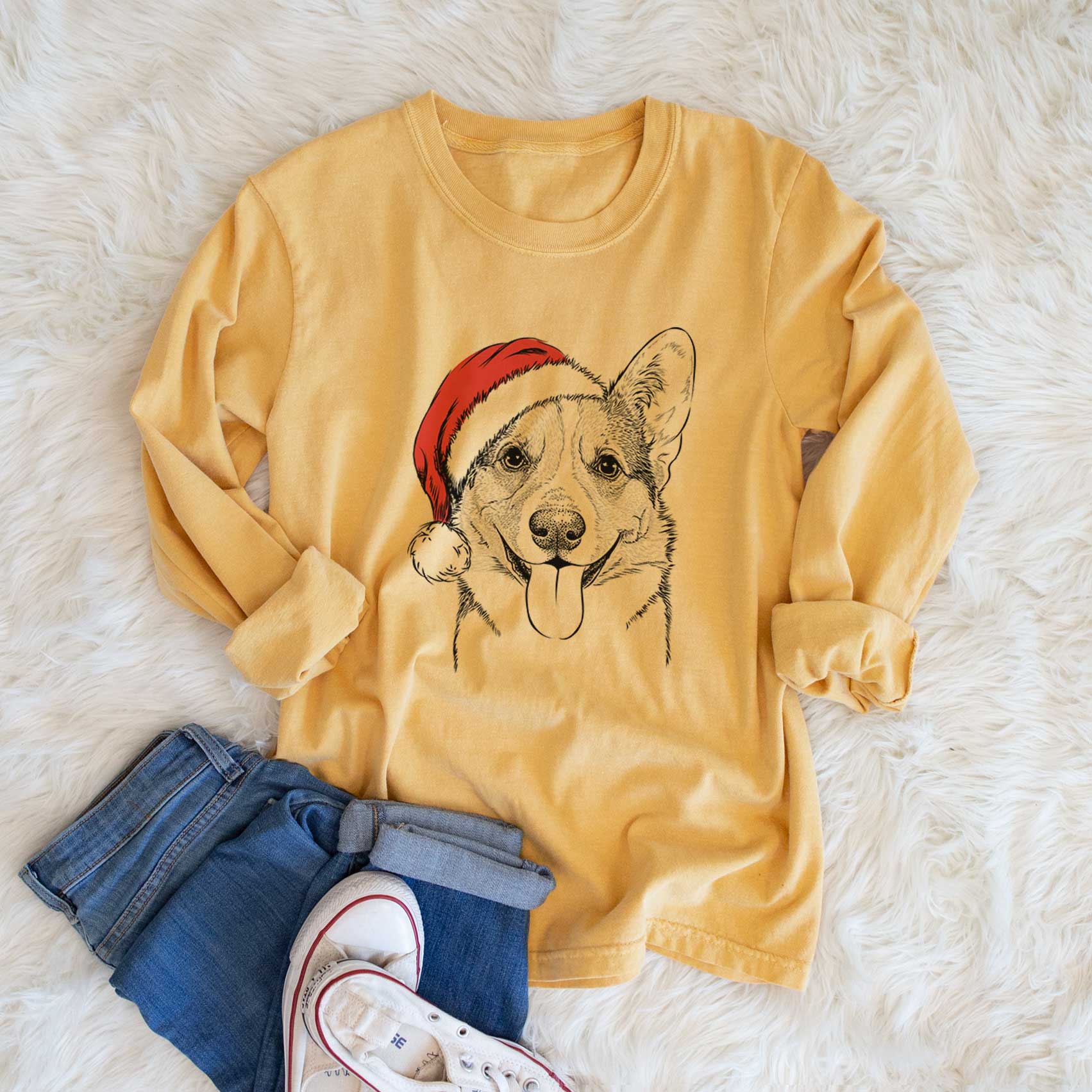 Santa Loki the Corgi - Men's Heavyweight 100% Cotton Long Sleeve