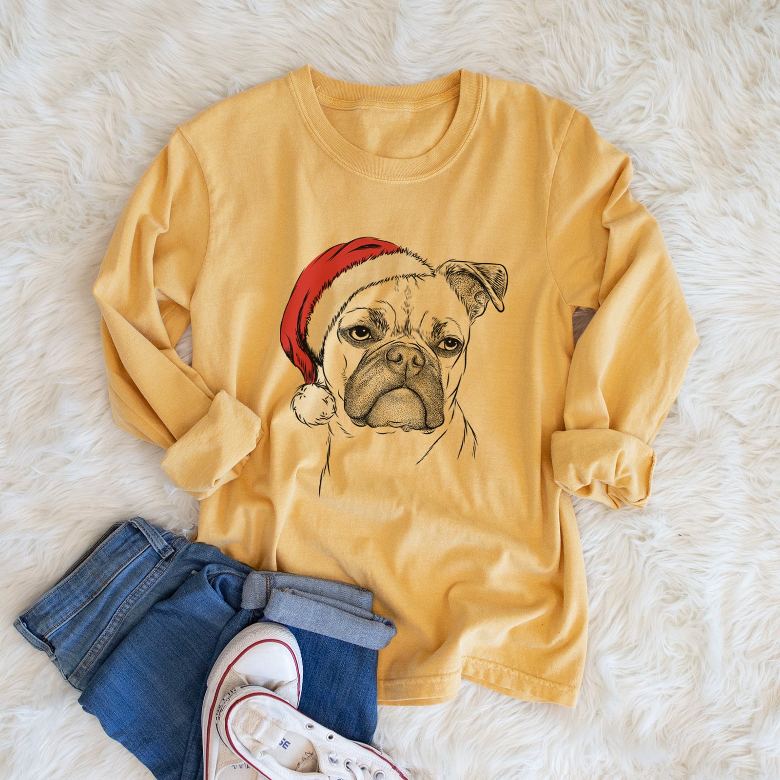 Santa Mack the Bugg (Boston Terrier/Pug) - Men's Heavyweight 100% Cotton Long Sleeve
