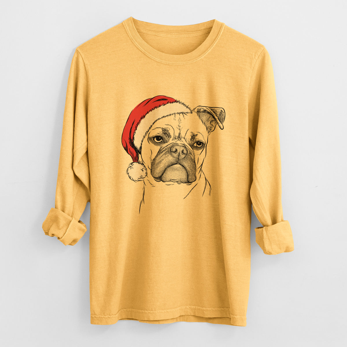 Santa Mack the Bugg (Boston Terrier/Pug) - Men's Heavyweight 100% Cotton Long Sleeve