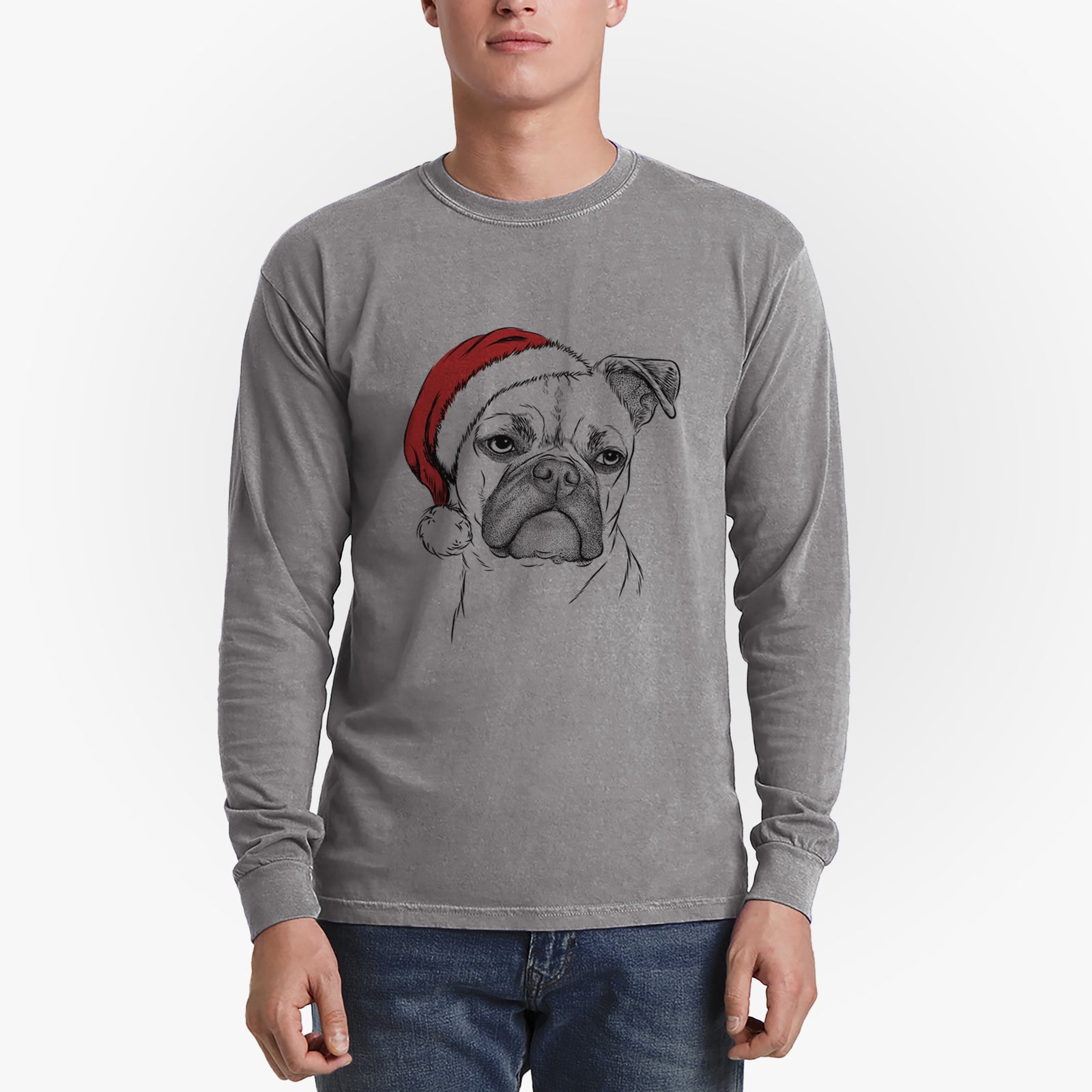Santa Mack the Bugg (Boston Terrier/Pug) - Men's Heavyweight 100% Cotton Long Sleeve