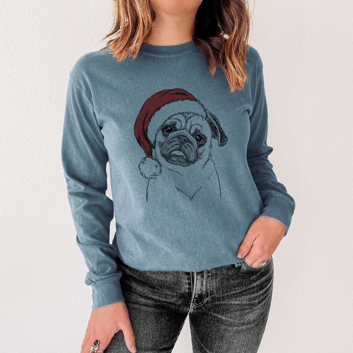 Santa Macy the Pug - Men's Heavyweight 100% Cotton Long Sleeve