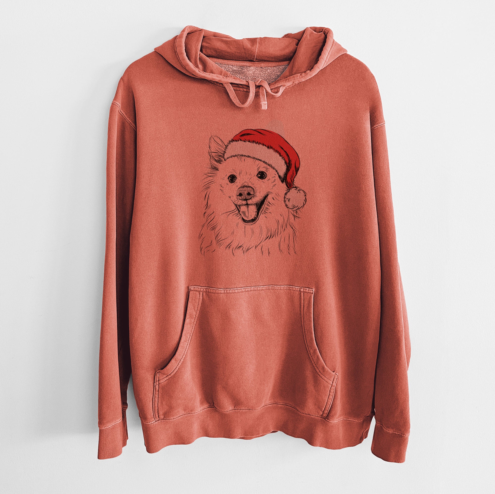 Santa Hat Miki the American Eskimo - Unisex Pigment Dyed Hoodie