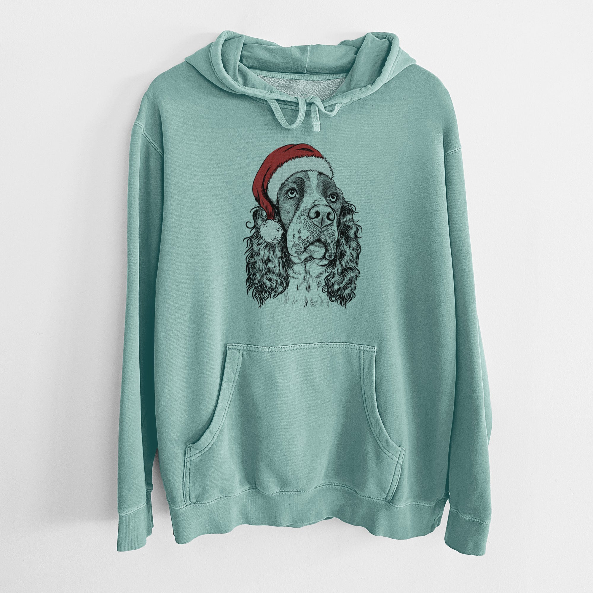 Santa Hat Millie Mae the English Springer Spaniel - Unisex Pigment Dyed Hoodie