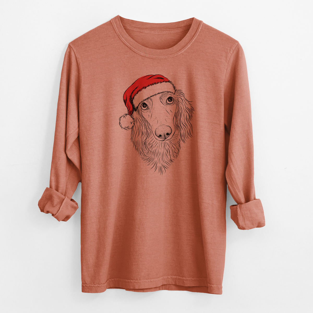 Santa Mr. Rusty the Long Haired Dachshund - Men's Heavyweight 100% Cotton Long Sleeve