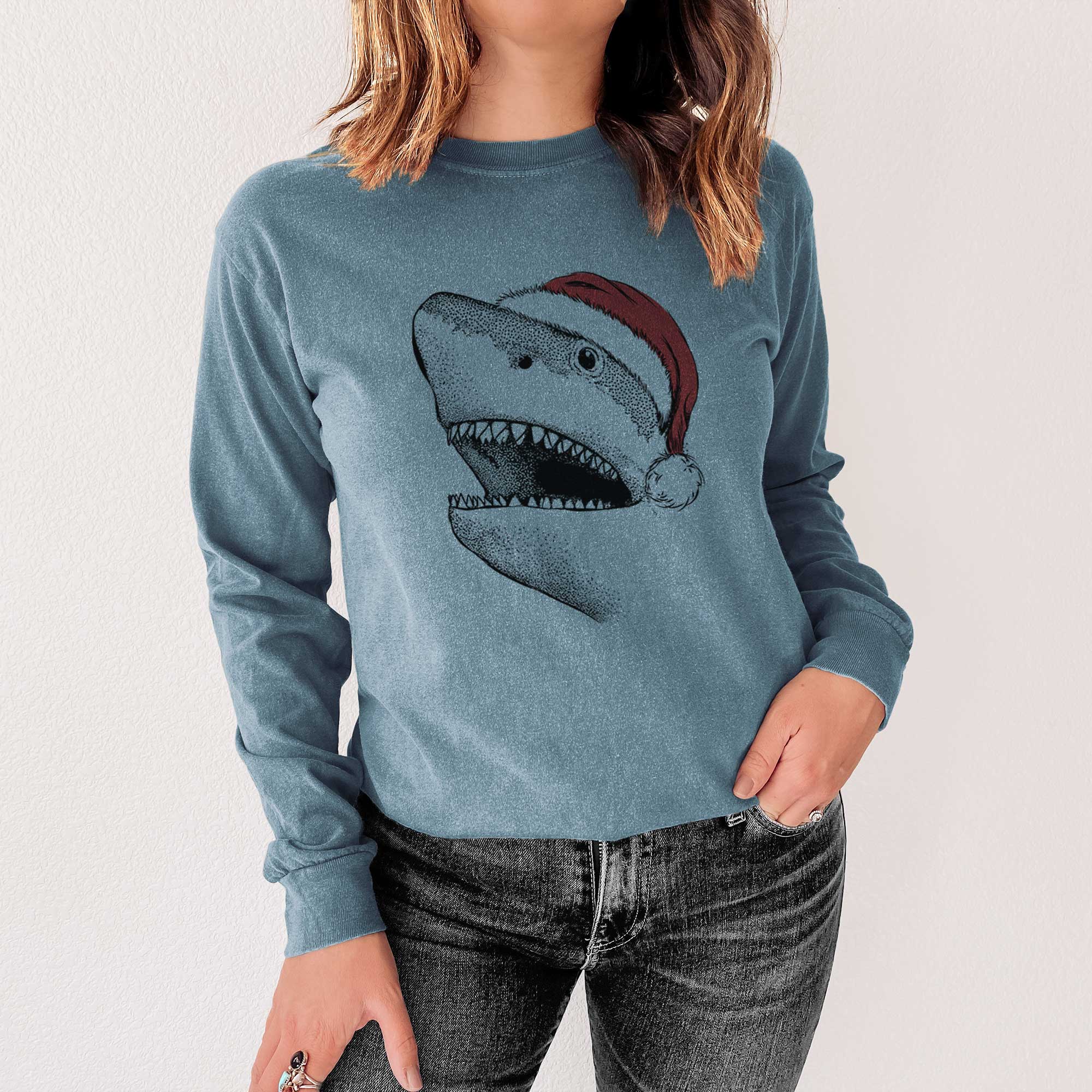 Santa Nado the Great White Shark - Men's Heavyweight 100% Cotton Long Sleeve