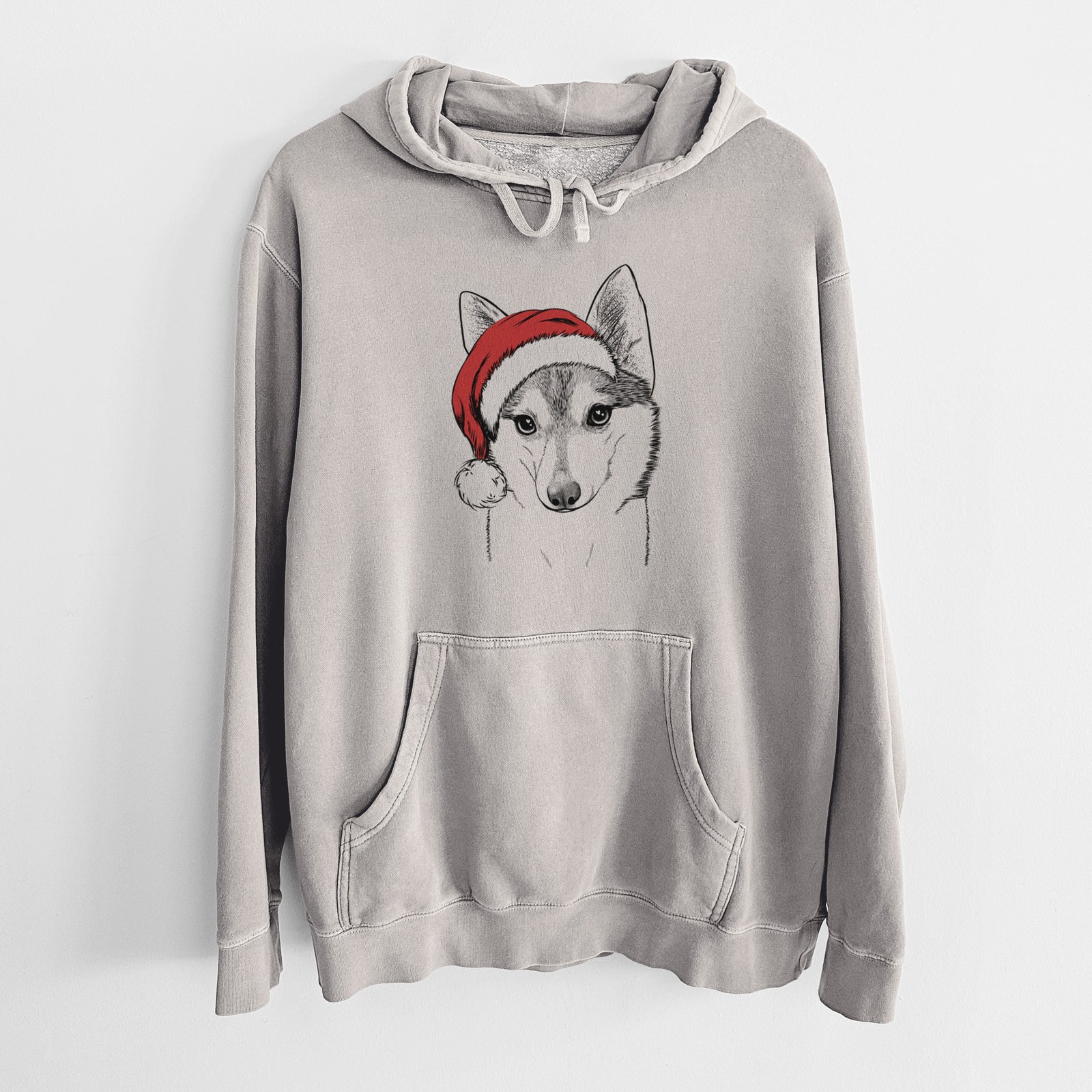 Santa Hat Nami the Alaskan Klee Kai - Unisex Pigment Dyed Hoodie