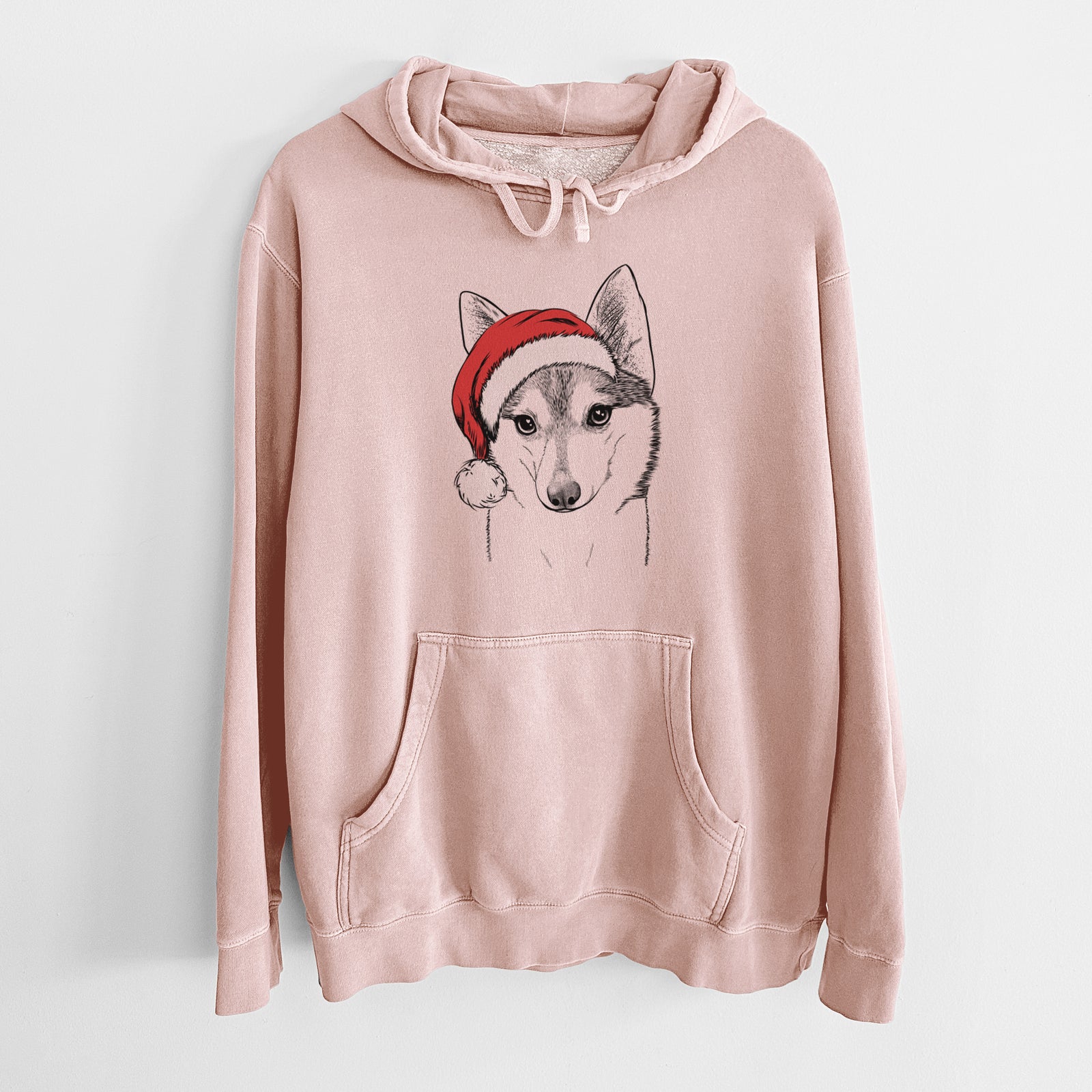 Santa Hat Nami the Alaskan Klee Kai - Unisex Pigment Dyed Hoodie