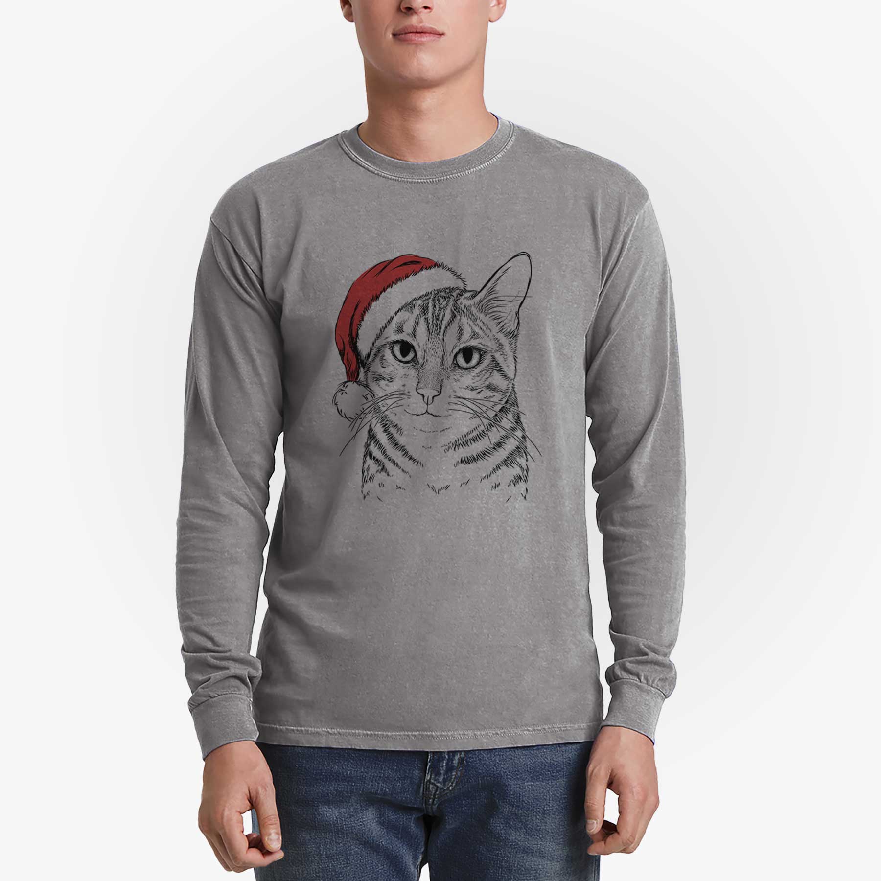 Santa Nell the Tabby Cat - Men's Heavyweight 100% Cotton Long Sleeve