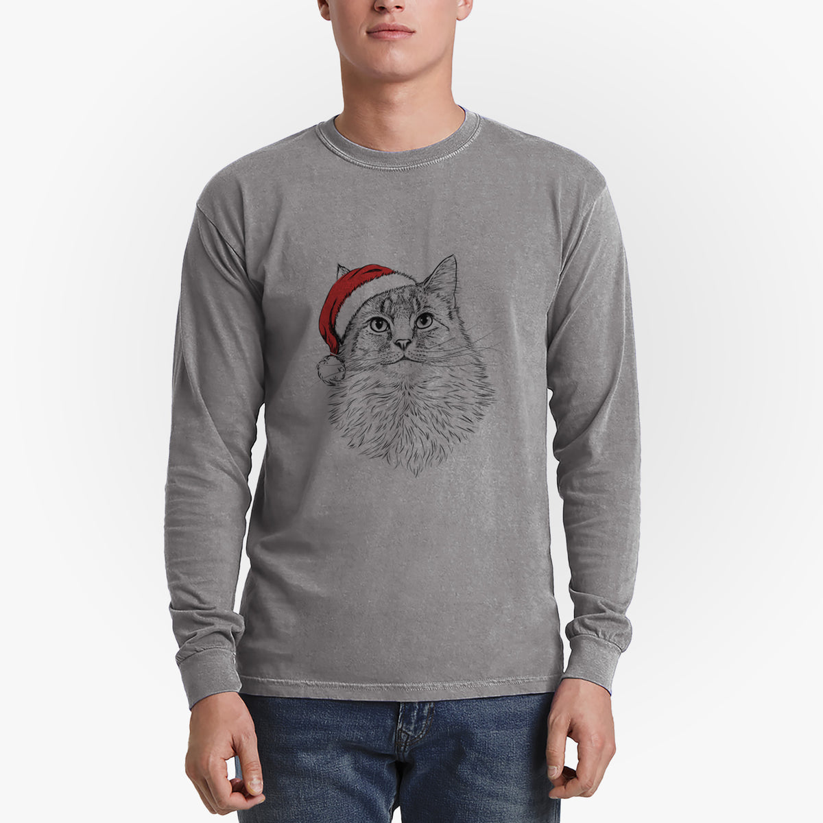 Santa Olive the Cat - Men's Heavyweight 100% Cotton Long Sleeve