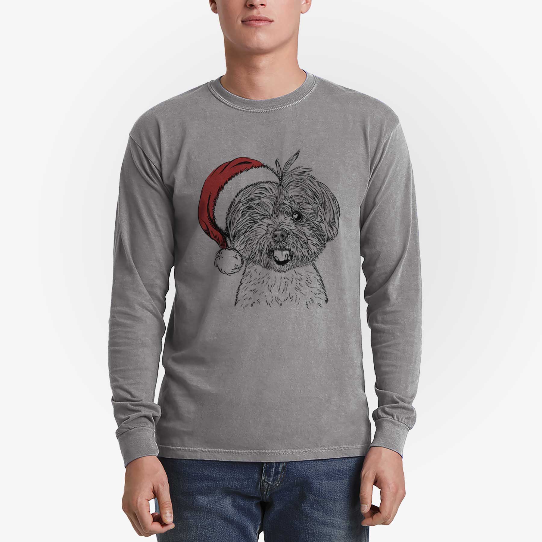 Santa Oliver the Yorkie Mix - Men's Heavyweight 100% Cotton Long Sleeve