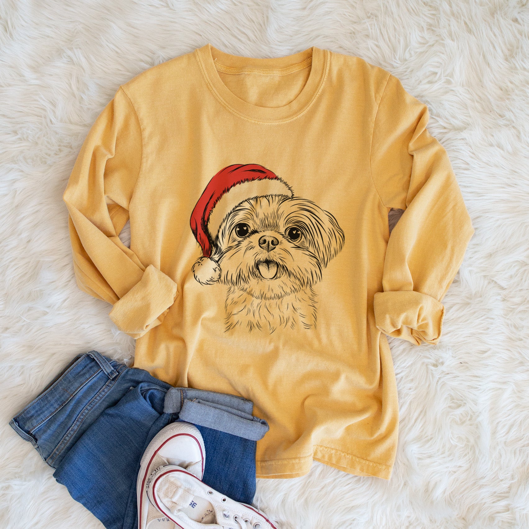 Santa Pebbles the Shorkie - Heavyweight 100% Cotton Long Sleeve