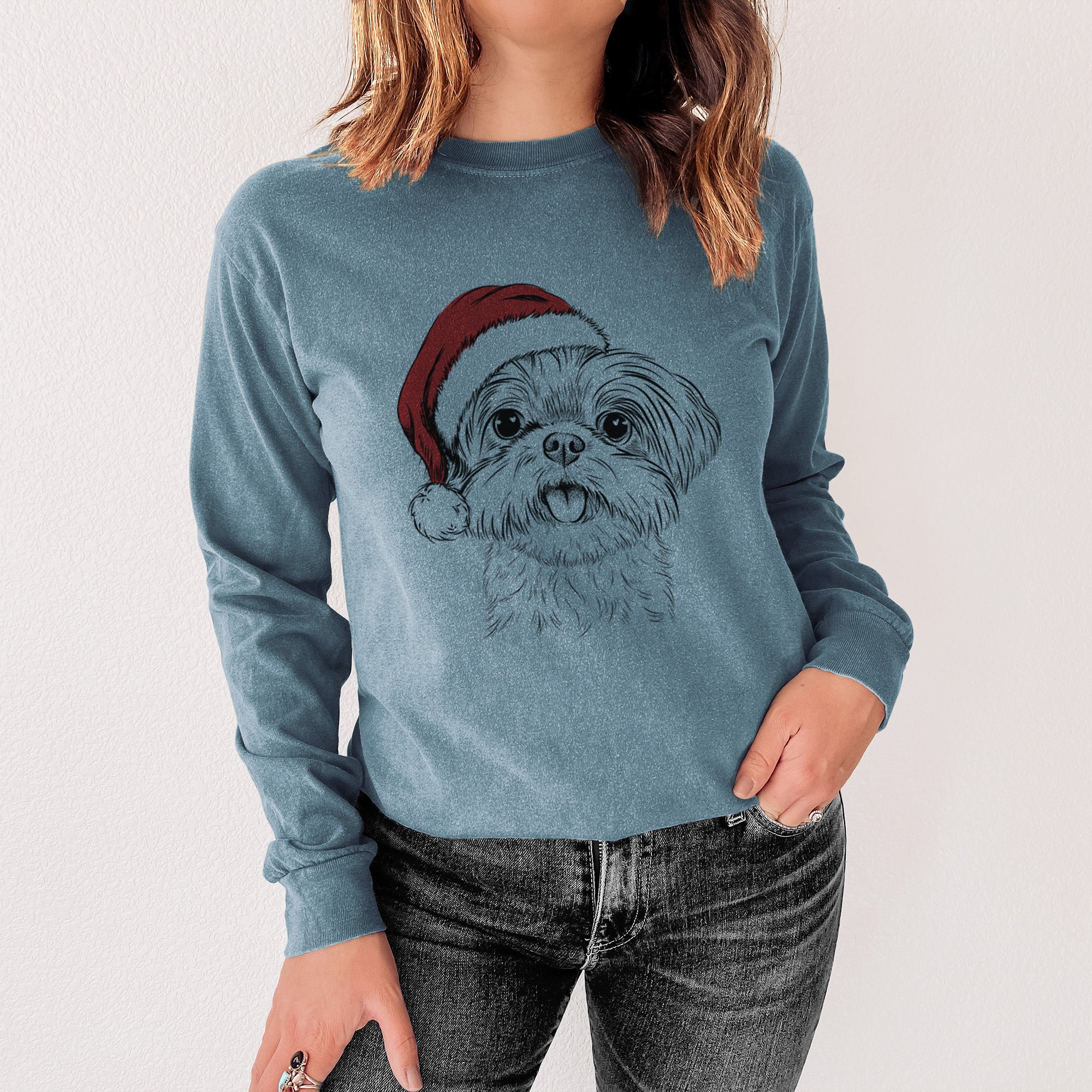 Santa Pebbles the Shorkie - Heavyweight 100% Cotton Long Sleeve