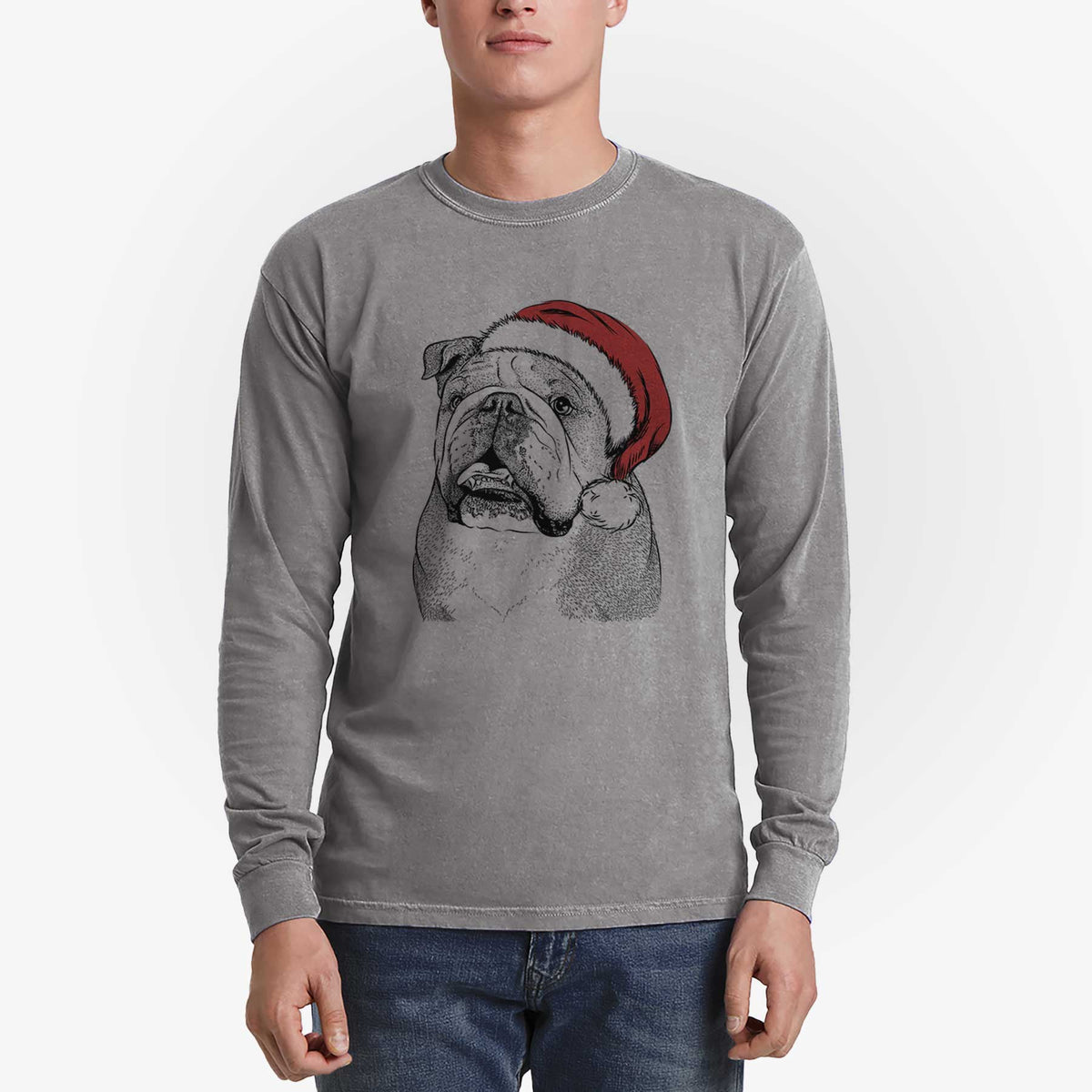 Santa Piggy the English Bulldog - Men's Heavyweight 100% Cotton Long Sleeve