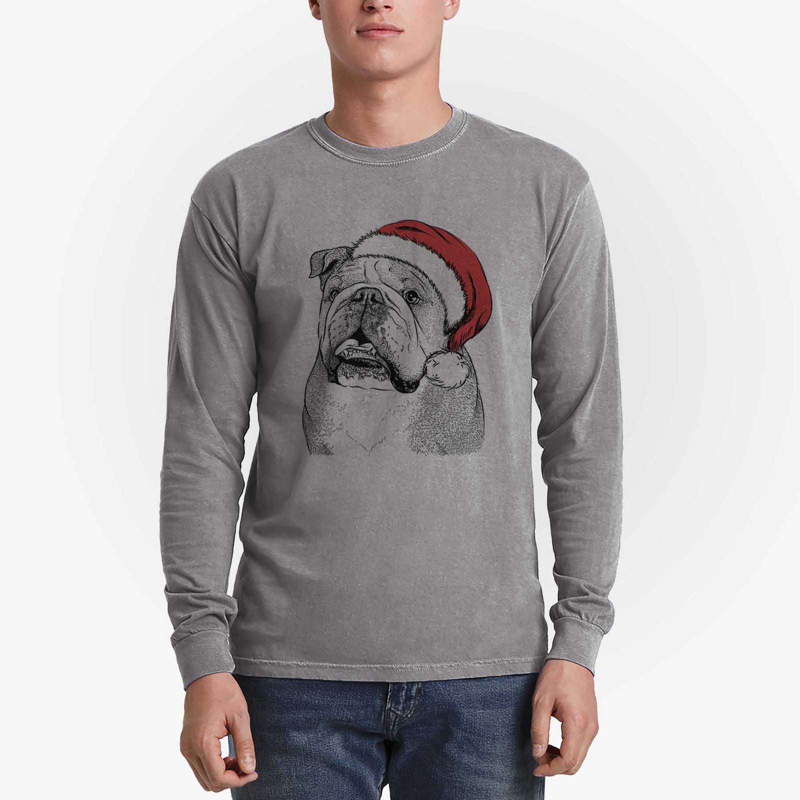 Santa Piggy the English Bulldog - Men's Heavyweight 100% Cotton Long Sleeve