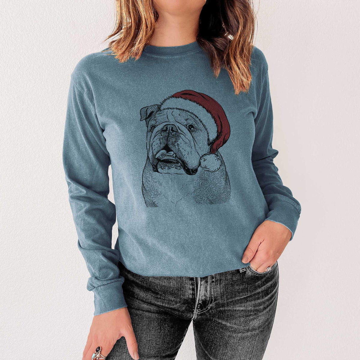 Santa Piggy the English Bulldog - Men's Heavyweight 100% Cotton Long Sleeve