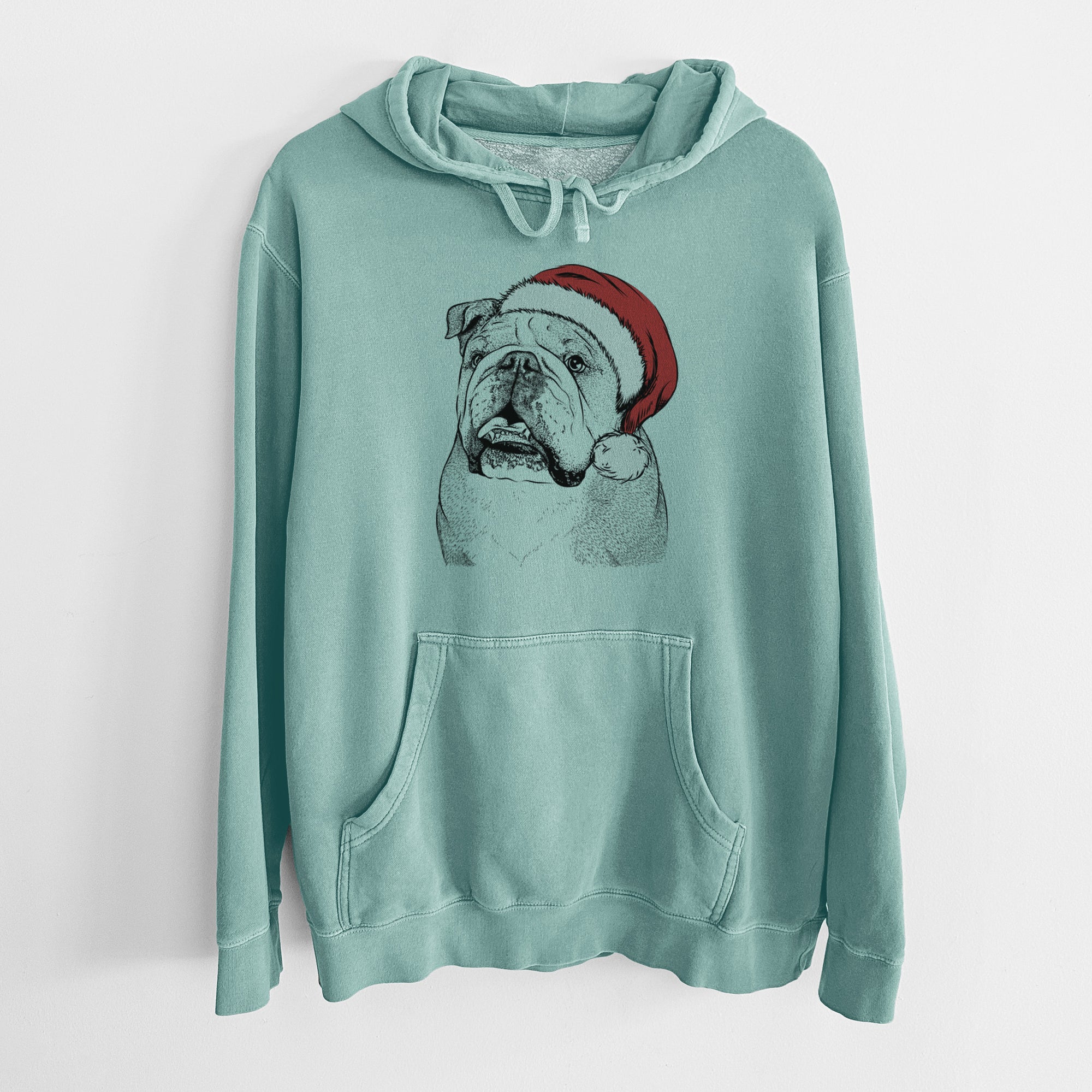Santa Hat Piggy the English Bulldog - Unisex Pigment Dyed Hoodie