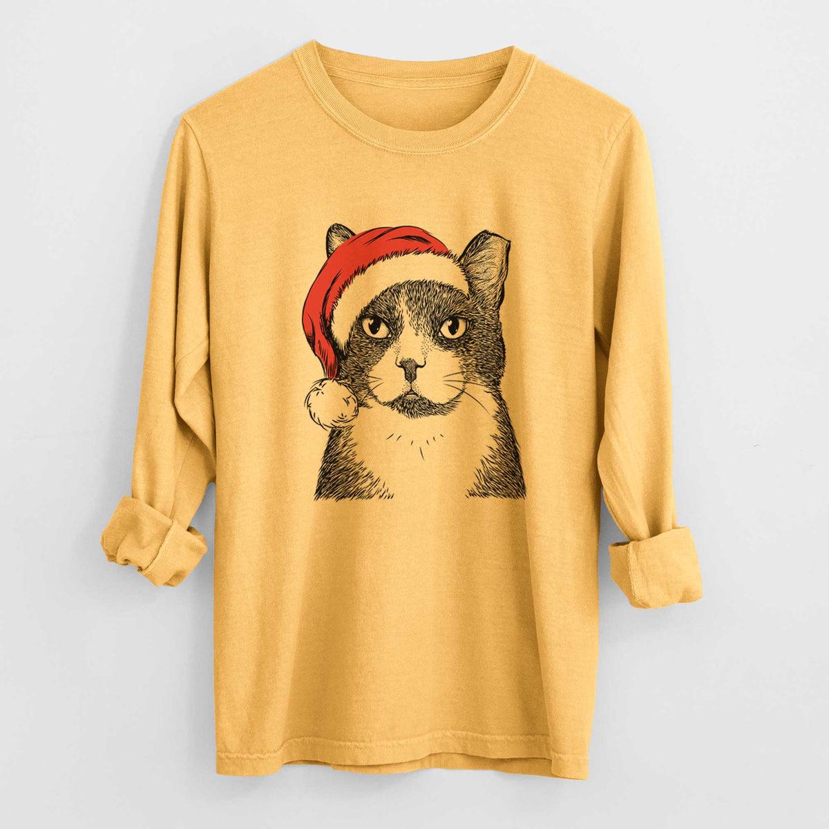 Santa Pinky the Tuxedo Cat - Men's Heavyweight 100% Cotton Long Sleeve