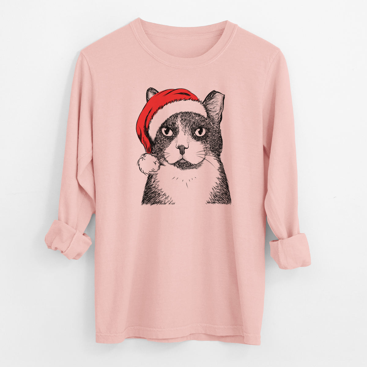 Santa Pinky the Tuxedo Cat - Men's Heavyweight 100% Cotton Long Sleeve