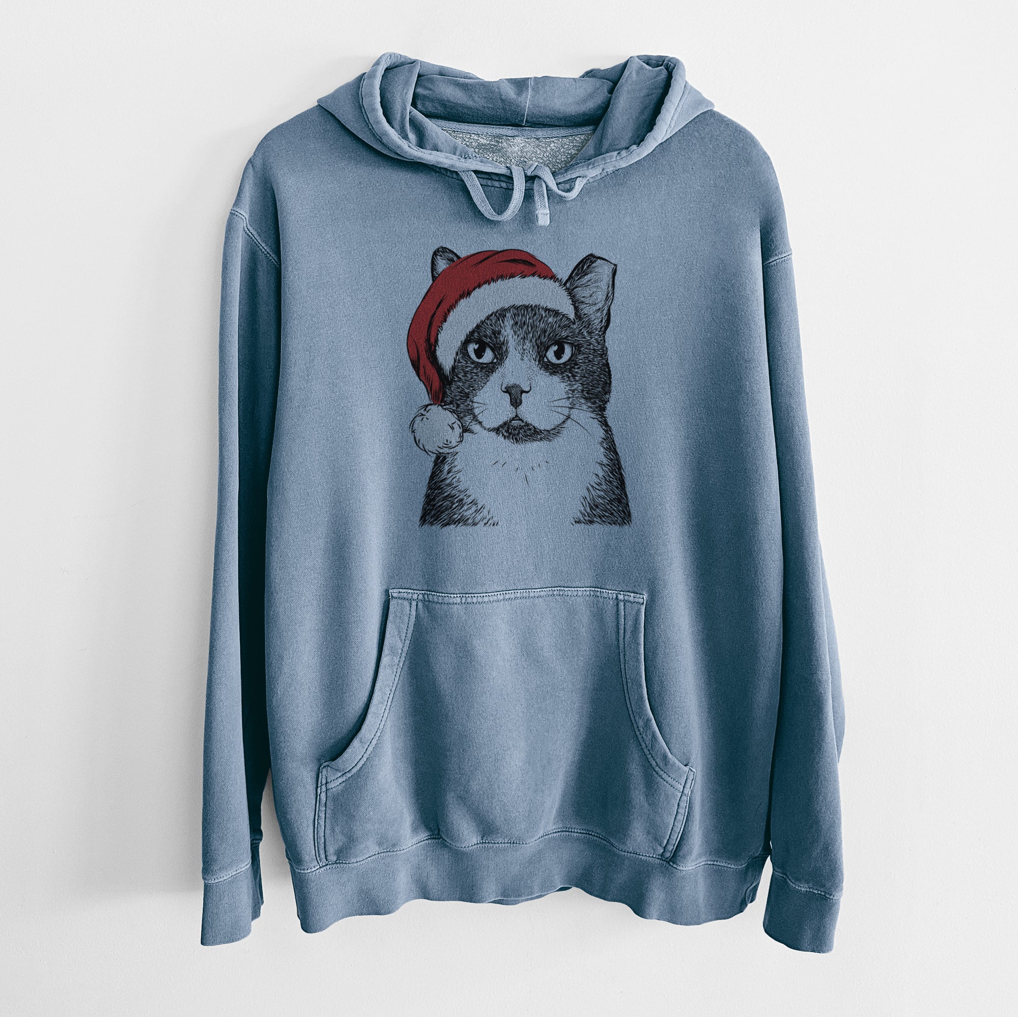 Santa Hat Pinky the Tuxedo Cat - Unisex Pigment Dyed Hoodie