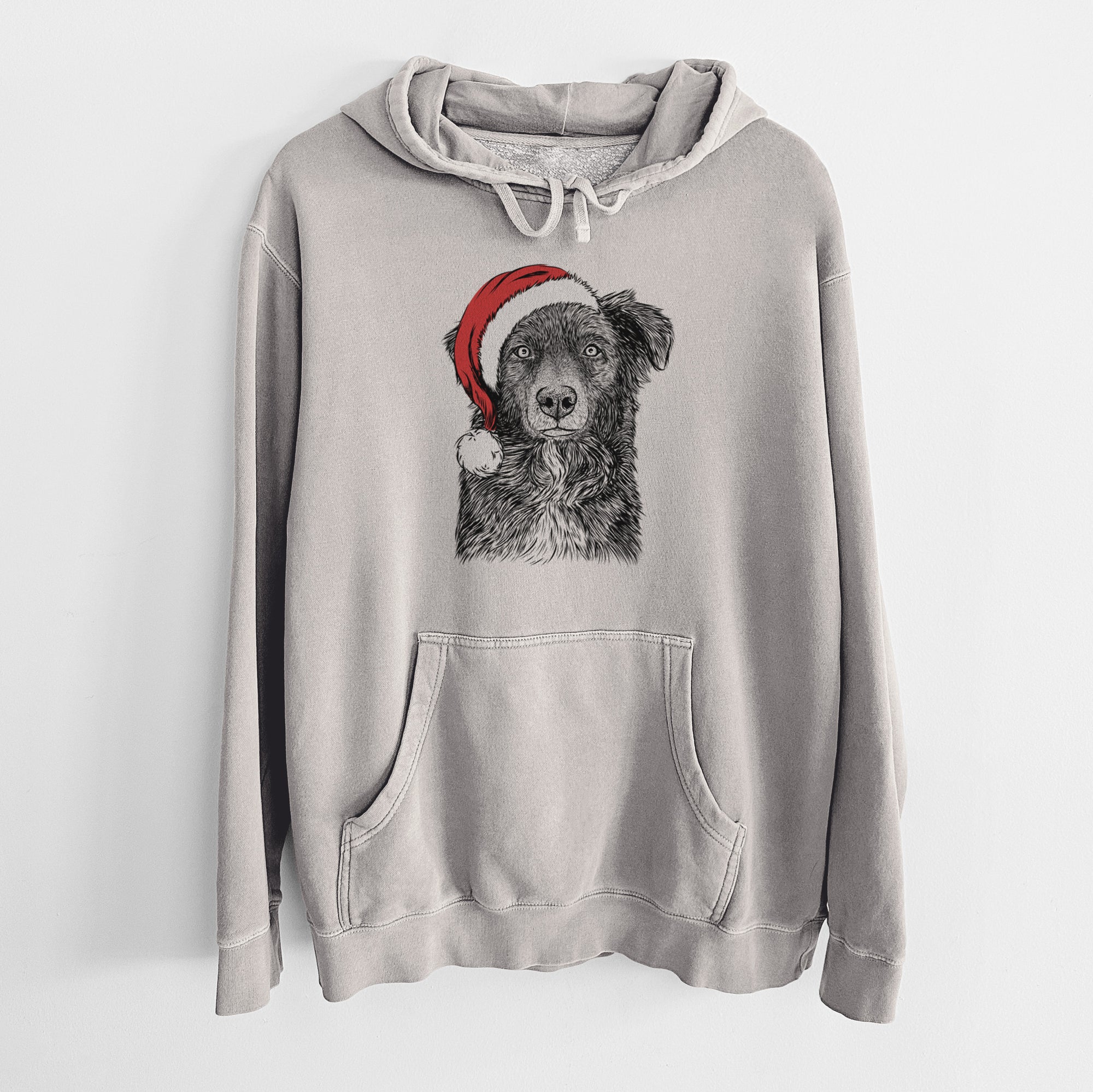 Santa Hat Pixel the Australian Shepherd - Unisex Pigment Dyed Hoodie