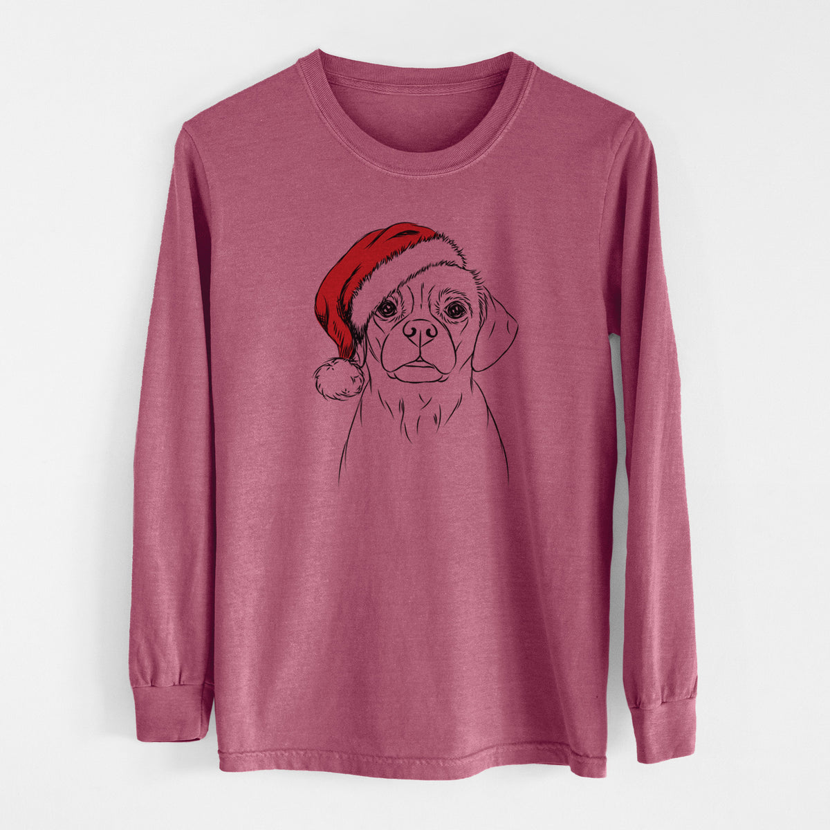 Santa Popcorn the Puggle - Men&#39;s Heavyweight 100% Cotton Long Sleeve