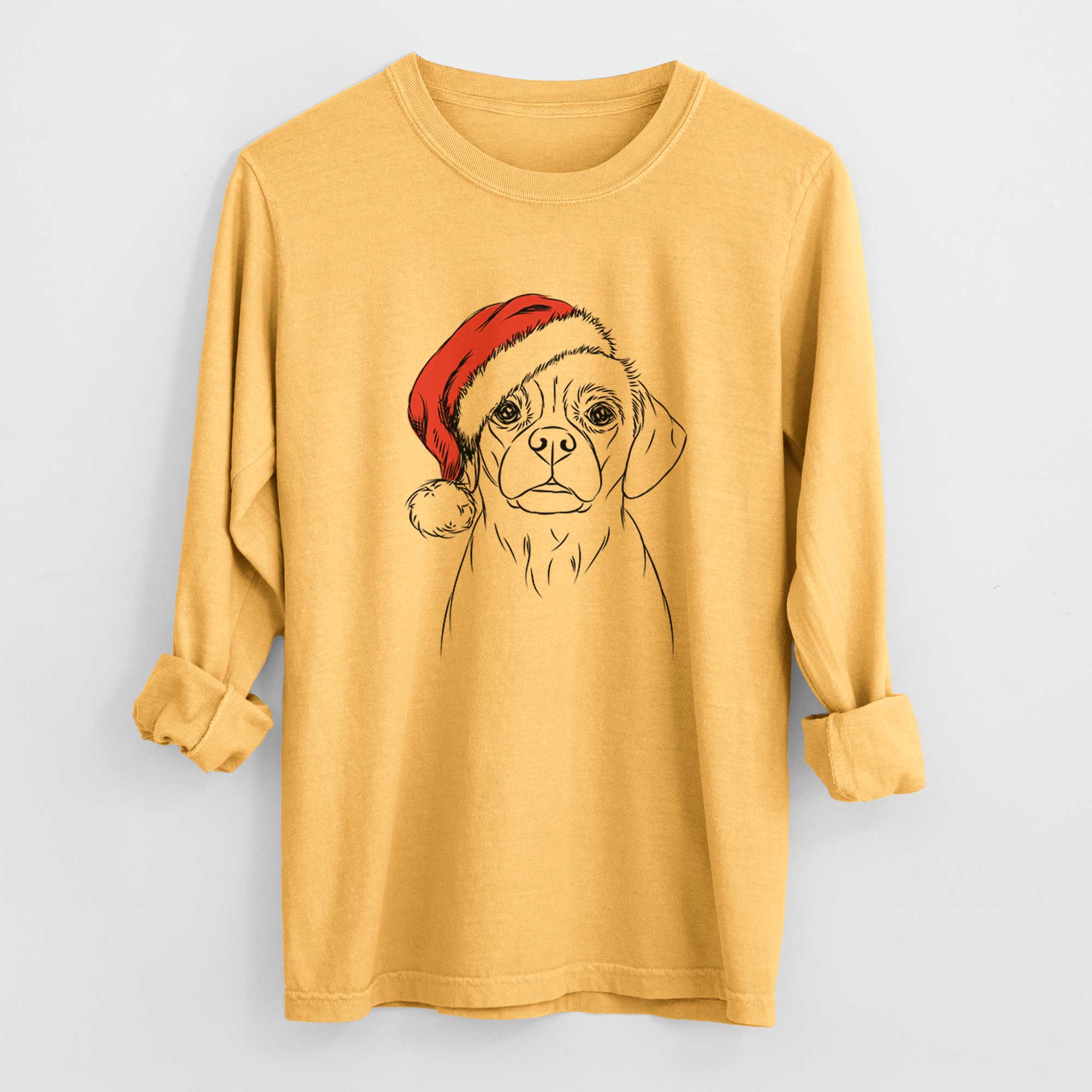 Santa Popcorn the Puggle - Men's Heavyweight 100% Cotton Long Sleeve