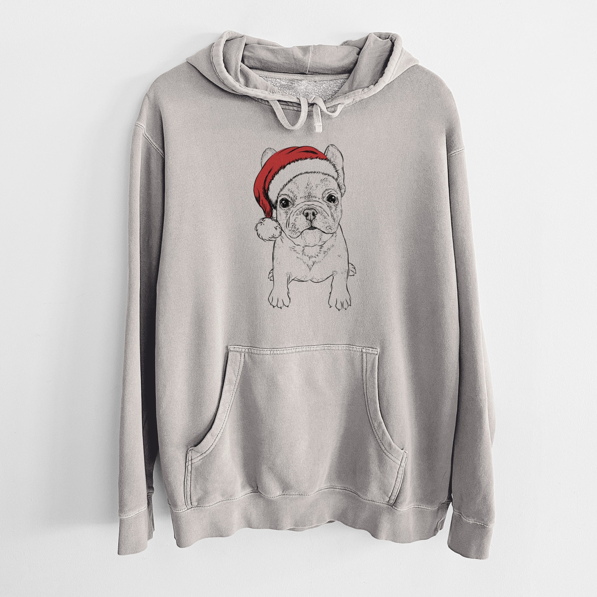 Santa Hat Puppy Pierre the French Bulldog - Unisex Pigment Dyed Hoodie