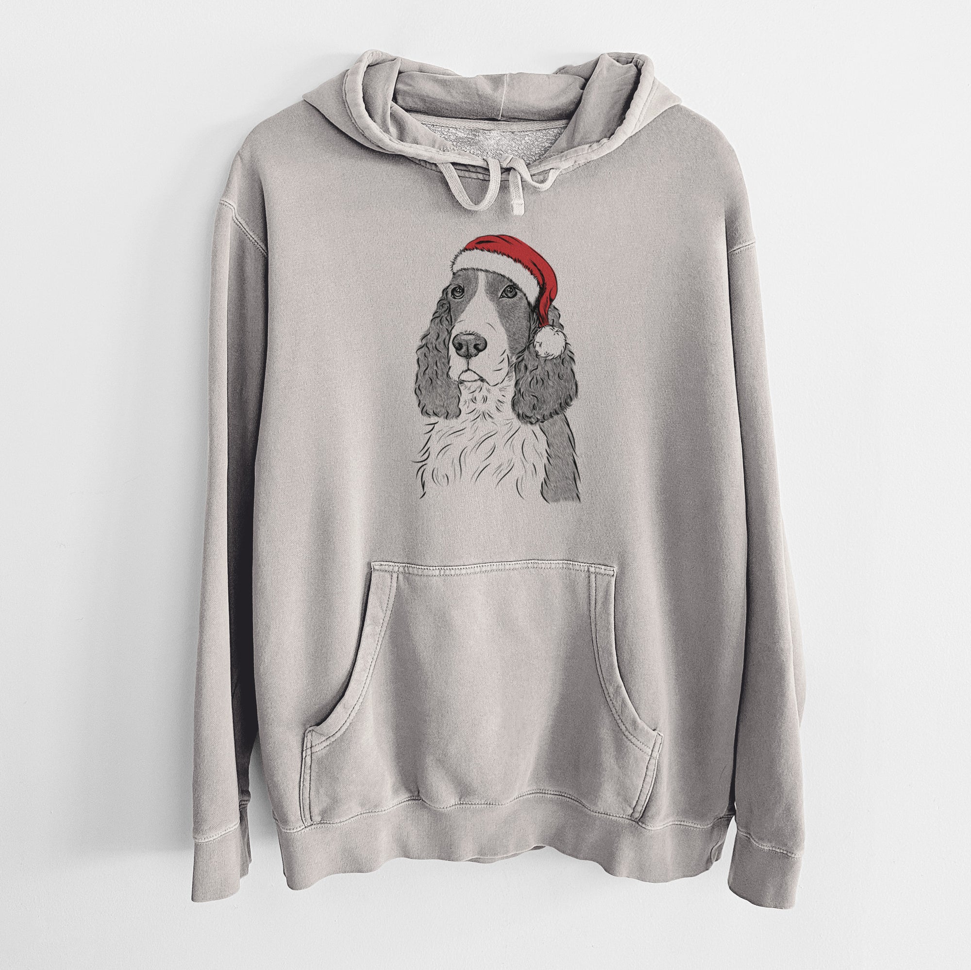 Santa Hat Quincy the English Springer Spaniel - Unisex Pigment Dyed Hoodie