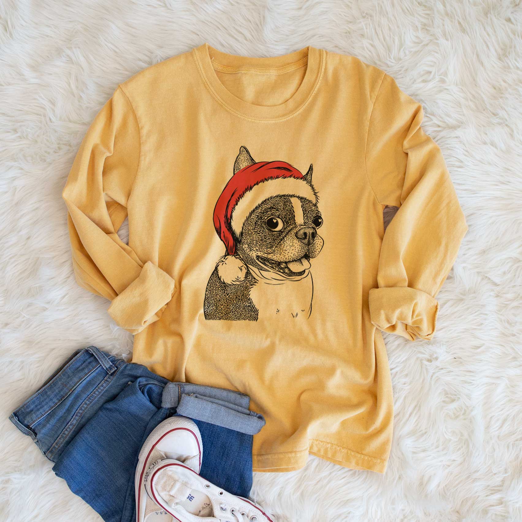 Santa Ralphie the Boston Terrier - Men's Heavyweight 100% Cotton Long Sleeve