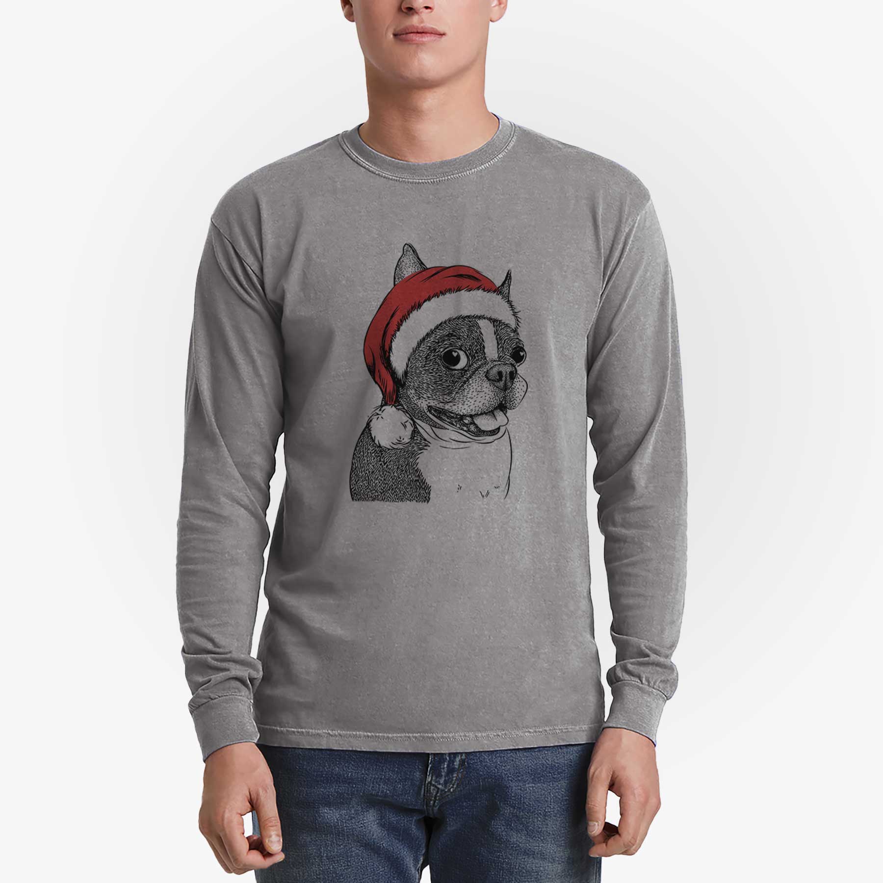 Santa Ralphie the Boston Terrier - Men's Heavyweight 100% Cotton Long Sleeve