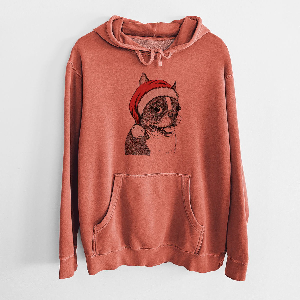 Santa Hat Ralphie the Boston Terrier - Unisex Pigment Dyed Hoodie
