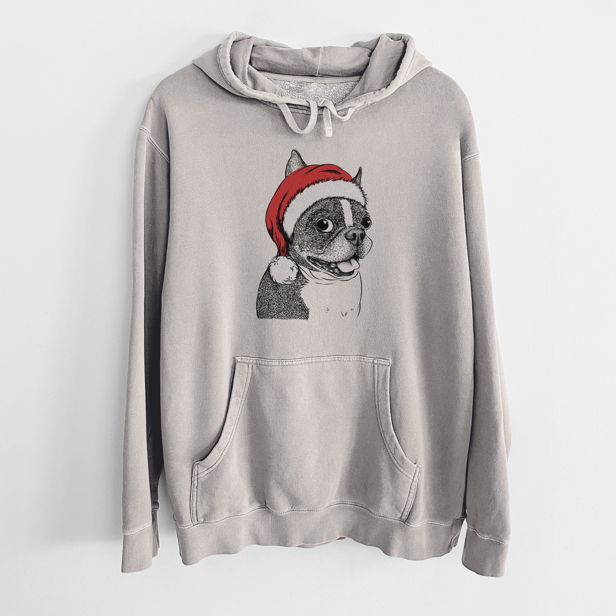 Santa Hat Ralphie the Boston Terrier - Unisex Pigment Dyed Hoodie